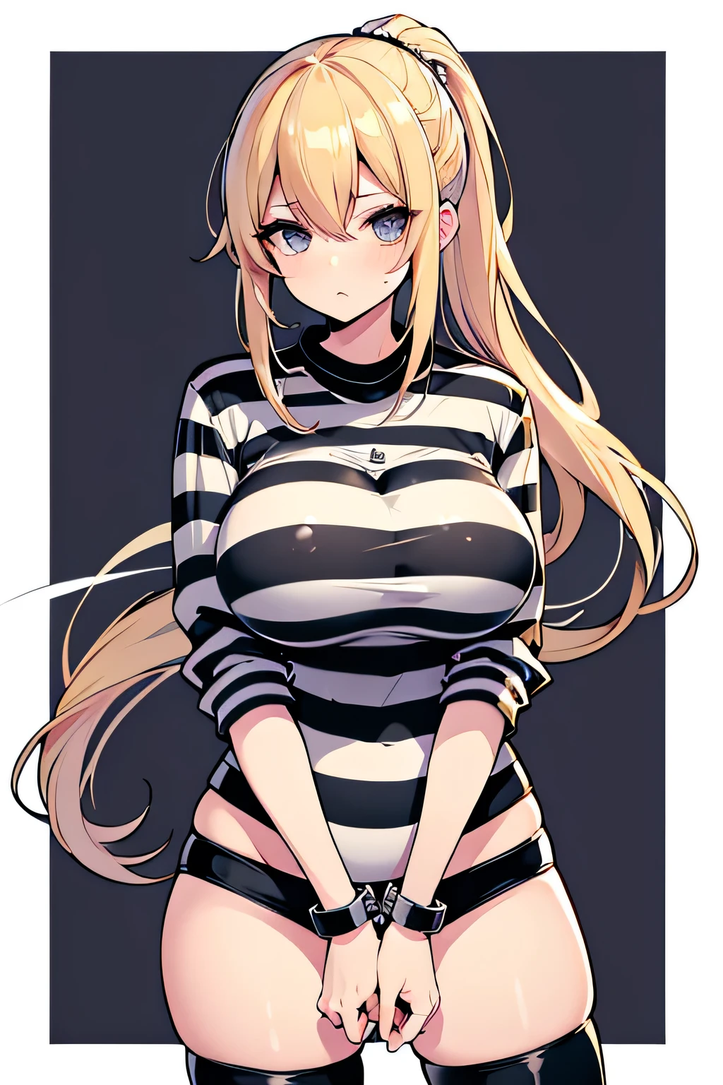 Long blonde hair, handcuffed, arrested, mature female, milf, big breasts ,40 years old, pon prison uniform, prisoner, black and white stripe prison uniform, waifu material, mature, ponytail, oneesan, elder sister 