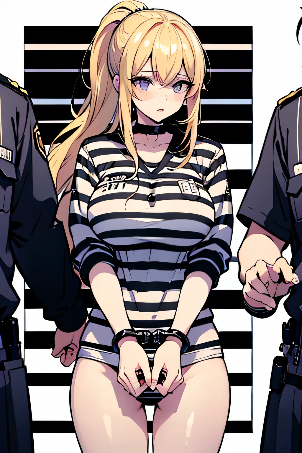 Long blonde hair, handcuffed, arrested, mature female, milf, big breasts ,40 years old, pon prison uniform, prisoner, black and white stripe prison uniform, waifu material, mature, ponytail 