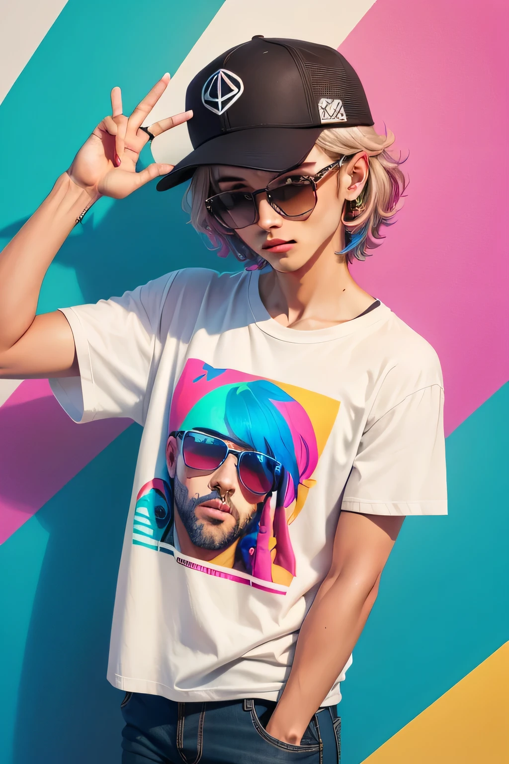 Claro! Here's a prompt for creating a funky, modern t-shirt print with a cool bunny:
Create a print for a t-shirt aimed at young audiences (entre 18 e 25 anos) com um coelho descolado como tema principal. O coelho deve ter um visual moderno e estiloso, wearing sunglasses and a straight-brimmed cap. He may be in a relaxed pose, maybe with a skateboard under your arm or making a peace gesture with your hand. Add colorful and vibrant graphics, como grafites, geometric patterns and neon details for an urban and contemporary touch. A paleta de cores deve ser ousada e chamativa, adequada para uma camiseta que se destaque e seja usada em eventos casuais ou festas.