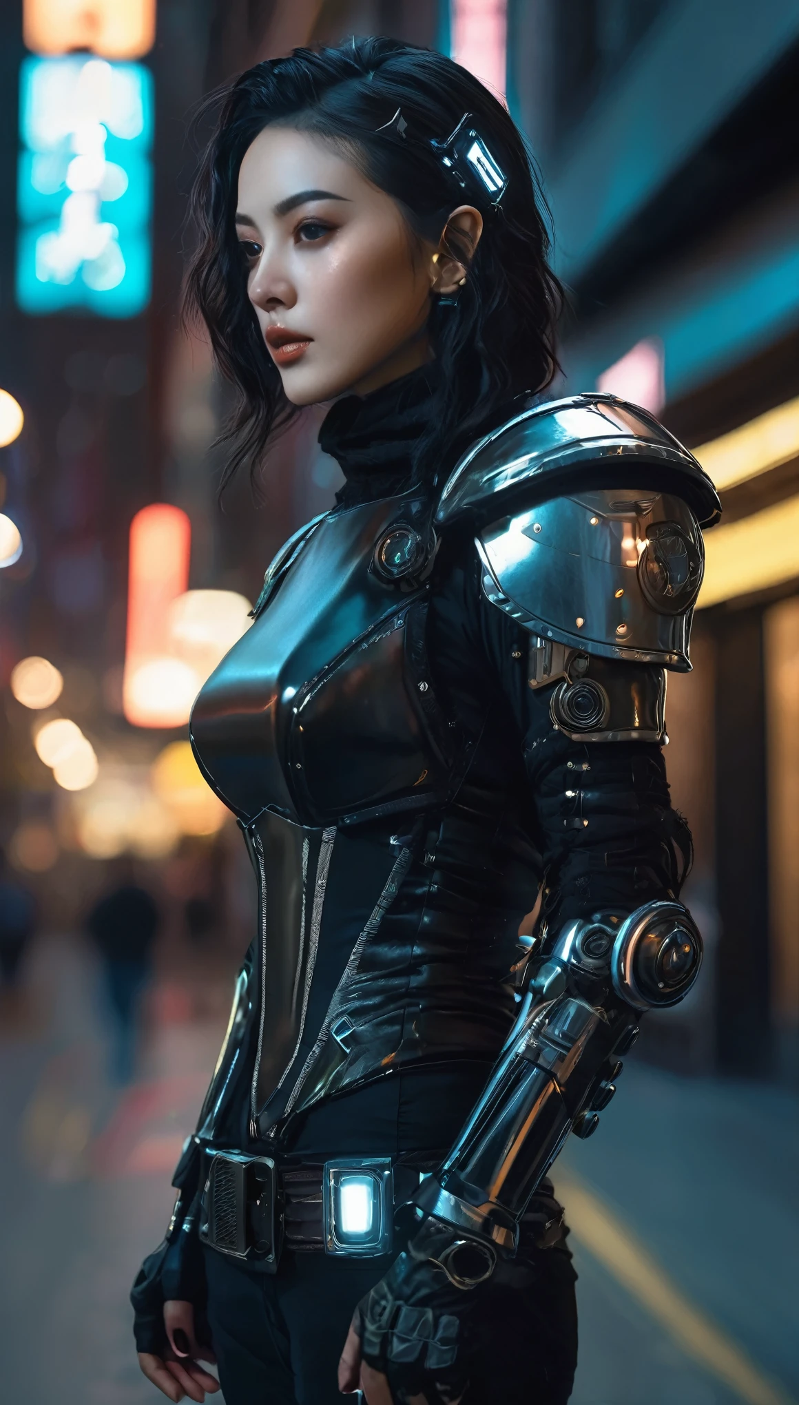 ((female Cyberpunk girl standing in street)), ((cowboy shot)), (NSFW), Best image quality, nighttime, (((beautiful Cyberpunk woman wearing black cyberpunk armor)), ((extremely beautiful detailed face)), ((sweet cute face)), ((shapeless hairstyle)), gothic fantasy, ((Award-winning Polaroid photography)), (Hyper-detailing), (Complicated details), (High resolution ultra realistic photograph 8k), cyberpunk style, depth of field, ((create depth with atmospheric lighting)), wide shot, ((use atmospheric and volumetric lighting, cinematic lighting)), Dark chiaroscuro background.
