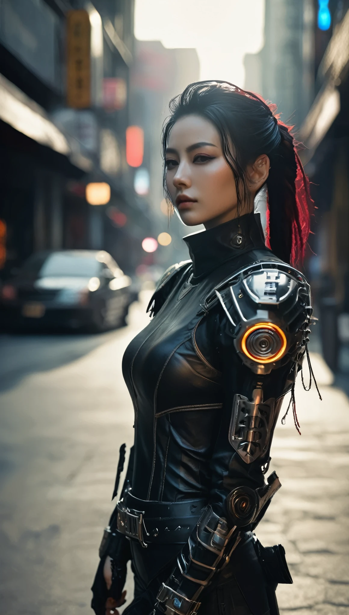 ((female Cyberpunk girl standing in street)), ((cowboy shot)), (NSFW), Best image quality, nighttime, (((beautiful Cyberpunk woman wearing black cyberpunk armor)), ((extremely beautiful detailed face)), ((sweet cute face)), ((shapeless hairstyle)), gothic fantasy, ((Award-winning Polaroid photography)), (Hyper-detailing), (Complicated details), (High resolution ultra realistic photograph 8k), cyberpunk style, depth of field, ((create depth with atmospheric lighting)), wide shot, ((use atmospheric and volumetric lighting, cinematic lighting)), Dark chiaroscuro background.
