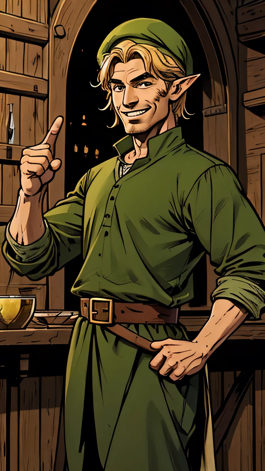 one male elf in green clothes and hat in a medieval tavern smiling, frontal and gesturing