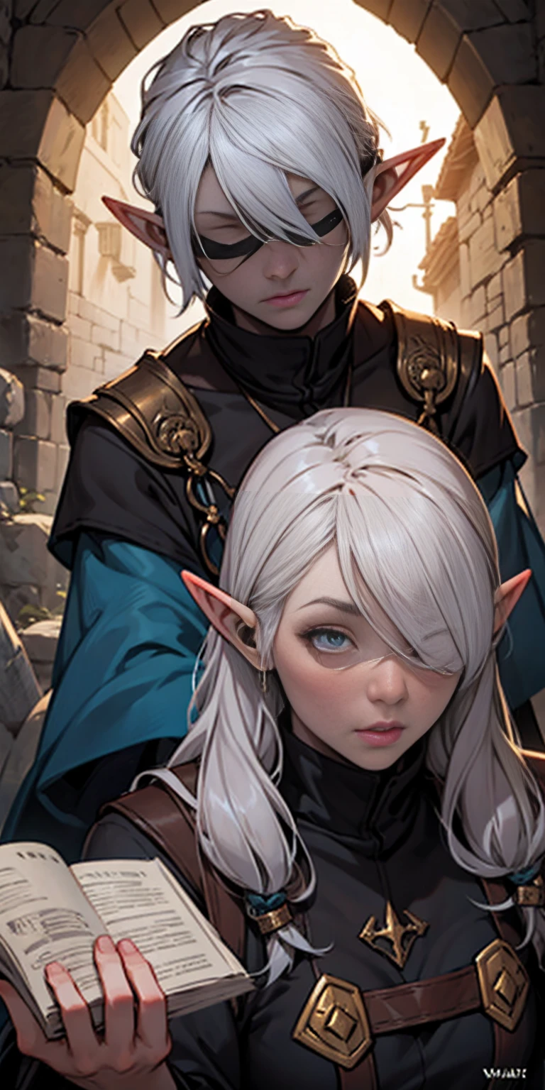 Female Drow Elf, grey skin, GAZED BLINDFOLDED COVER eyes, dungeons and dragons, Cleric,