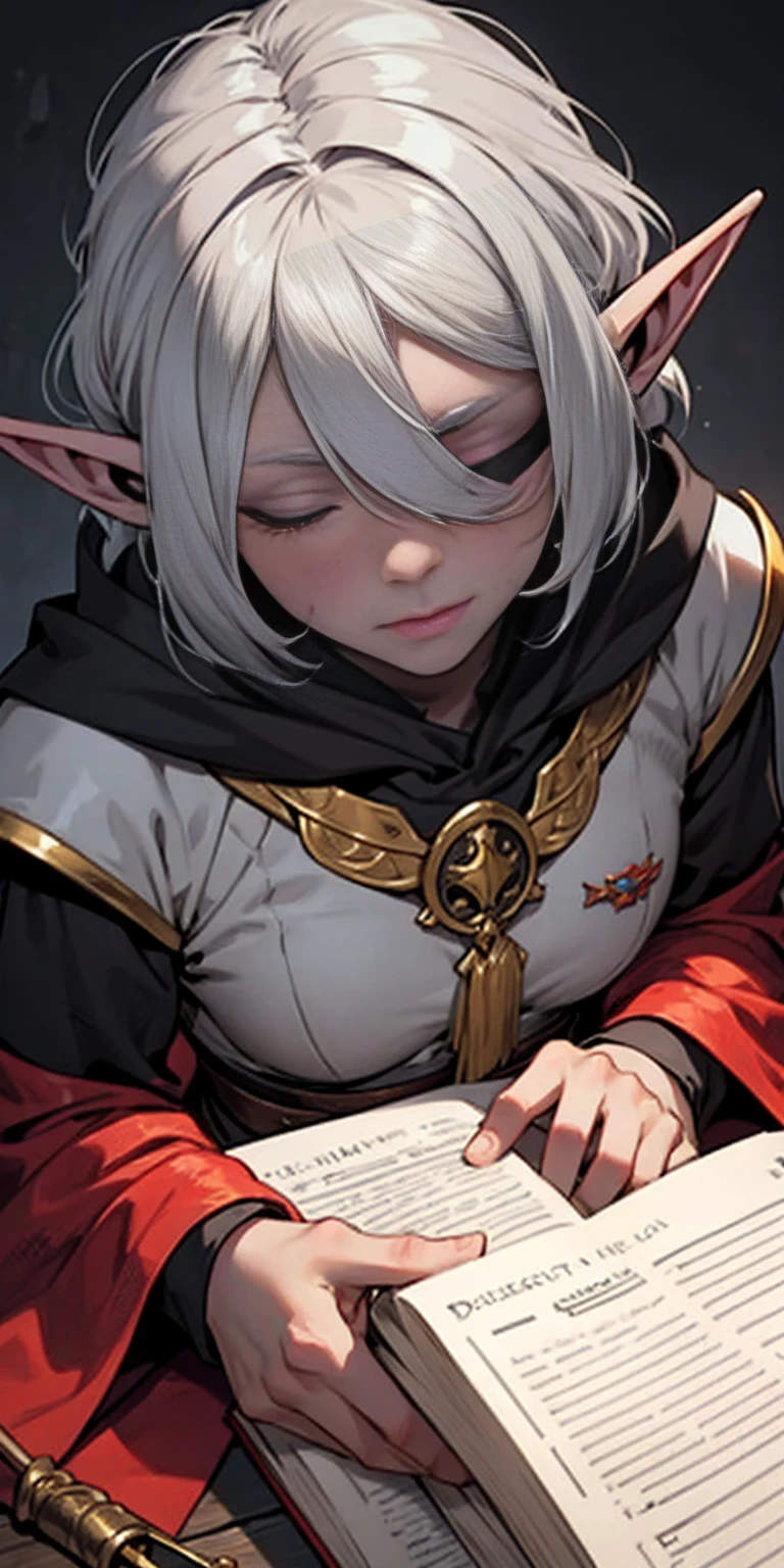 Female Drow Elf, grey skin, GAZED BLINDFOLDED COVER eyes, dungeons and dragons, Cleric,
