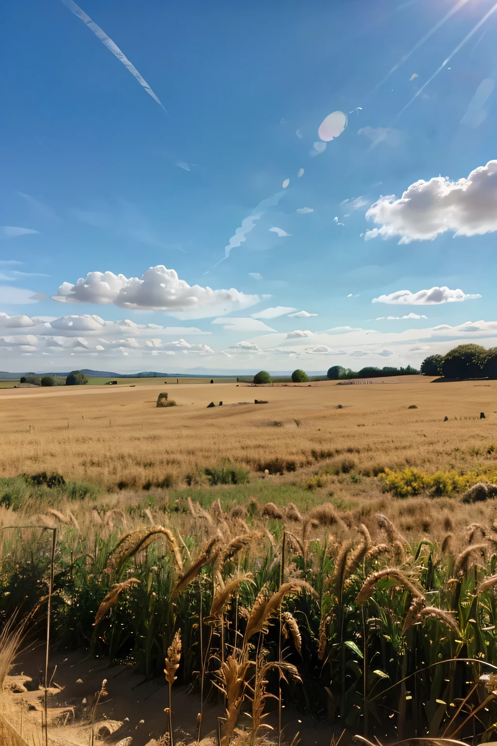 sunny blue sky, wheat field