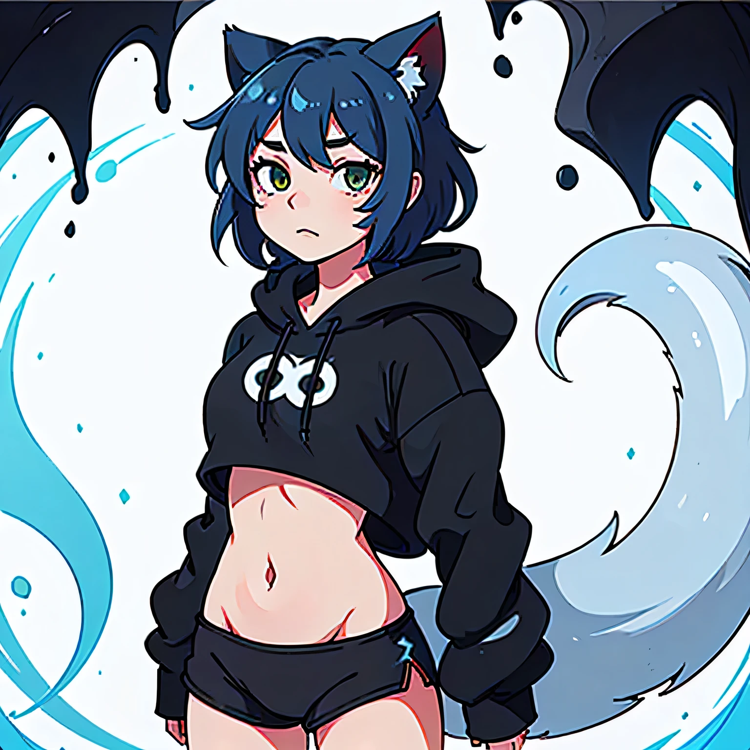 catgirl with blue/light blue/red/green hair, long fluffy tail, black crop top or oversized hoodie, black panties or a black oversized hoodie