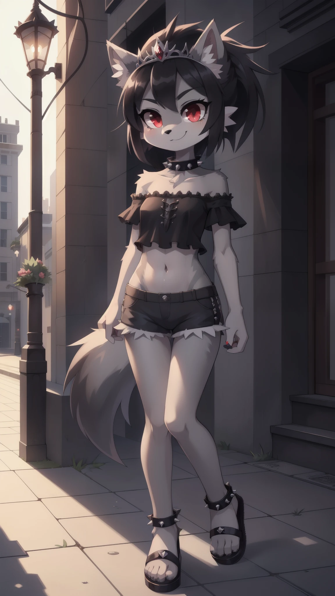 furry girl, wolf, black hair, punk hairstyle, long spiky ponytail, anime style, small breasts, red eyes, ((princess tiara, gothic black frilly shirt, off shoulders, midriff, gray shorts, black sandals, spike collar)), high quality, detailed body, detailed eyes, detailed face, masterpiece, glistening body, detailed body fur, best quality, two tone body, gray fur, clear gray fur, perfect lighting, perfect shadows, perfect eyes, perfect hair, perfect face, gorgeous body, skinny,  standing, solo, :3, smilling, standing, street, clear sky, full body, feets with three toes, 3 toes,