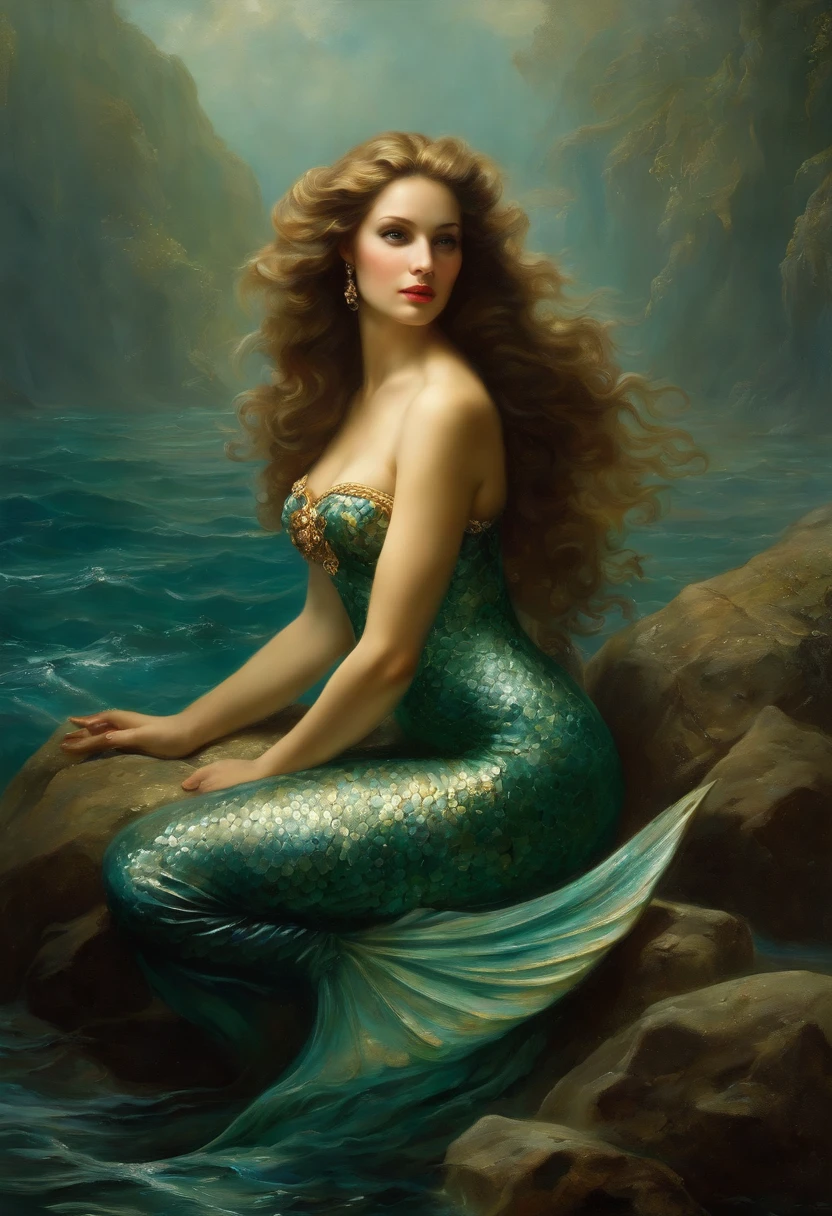 ((baroque painting A beautiful mermaid sitting on a rock at the bottom of the sea)), ((mermaid tail)), sexy and sensual, Seductive love goddess, Lúthien, goddess art, Goddess of Greek mythology, Moon Goddess, Goddess of love and peace, beautiful goddess, Goddess of the waters, An impressive portrait of a Goddess of the sea, in the background sea vegetation, Frank Kelly Freas, Karol Bak Style, ((a beautiful baroque painting, beautiful)), Ultra definition, best quality, 32k ultra, Ultra HD