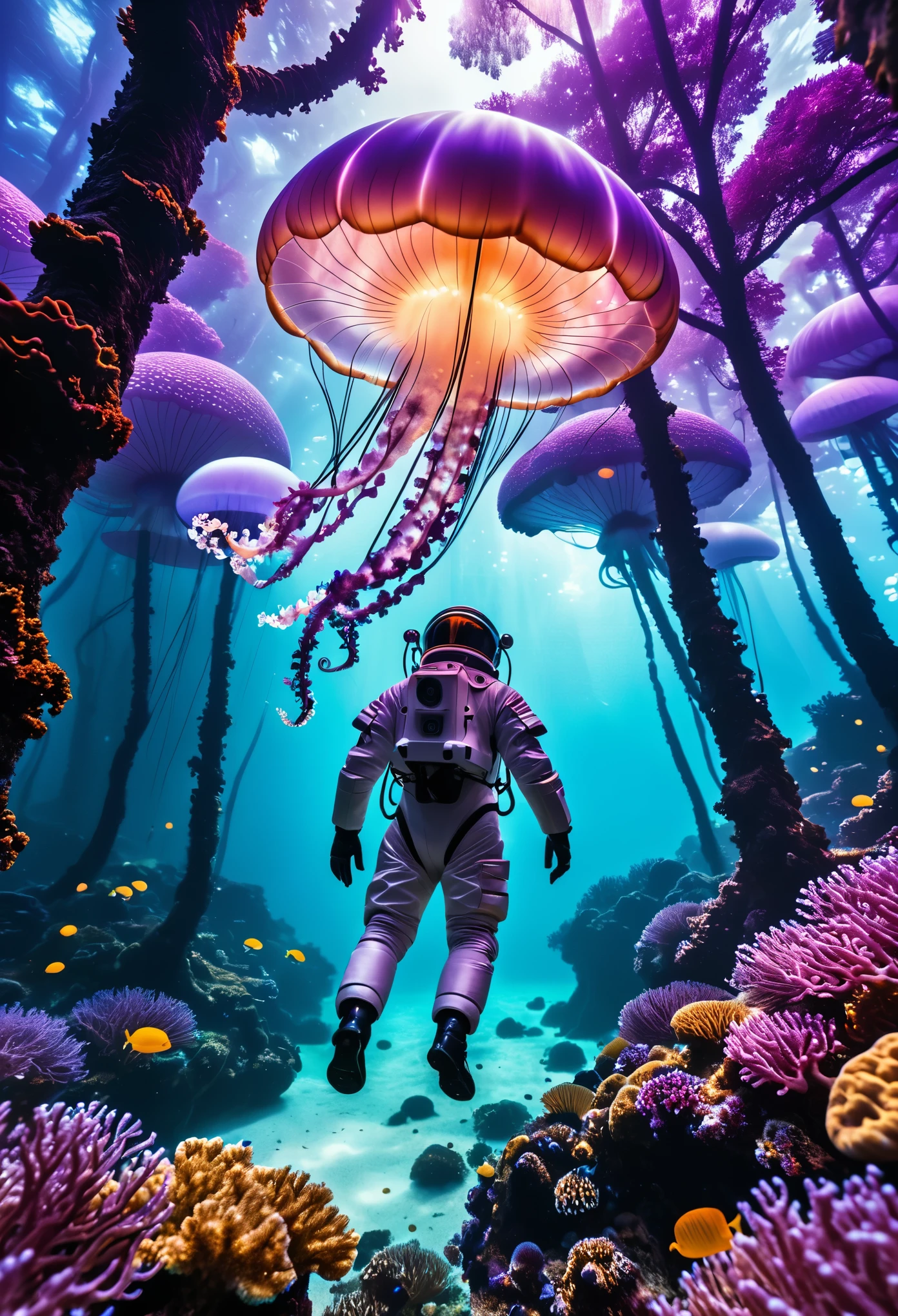 Documentary RAW Photography,a vibrant planet landscape with purple trees growing up like seaweed, barnacles encrust every surface, large chitinous beasts with articulated limbs scuttle over coral, jellyfish blimps float through the air, a human in a spacesuit walks in the foreground, long tentacles hang from the trees like jellyfish, intricate detailed background, magical atmosphere, wind of magic spell in the air, dark magic, glowing floating particles, whimsical fantasy art concept, (sharpness in detail:1.1), masterpiece, 35mm photograph, (iconic photograph:1.4), (visual storytelling:1.2), film grain, award winning photography,vibrant use of light and shadow, high quality textures of materials, volumetric textures perfect composition, dynamic play of light, rich colors, epic shot, perfectly quality, natural textures,high detail, photoshadow, (natural colors, correct white balance, color correction, dehaze),(intricate detailed), 8k