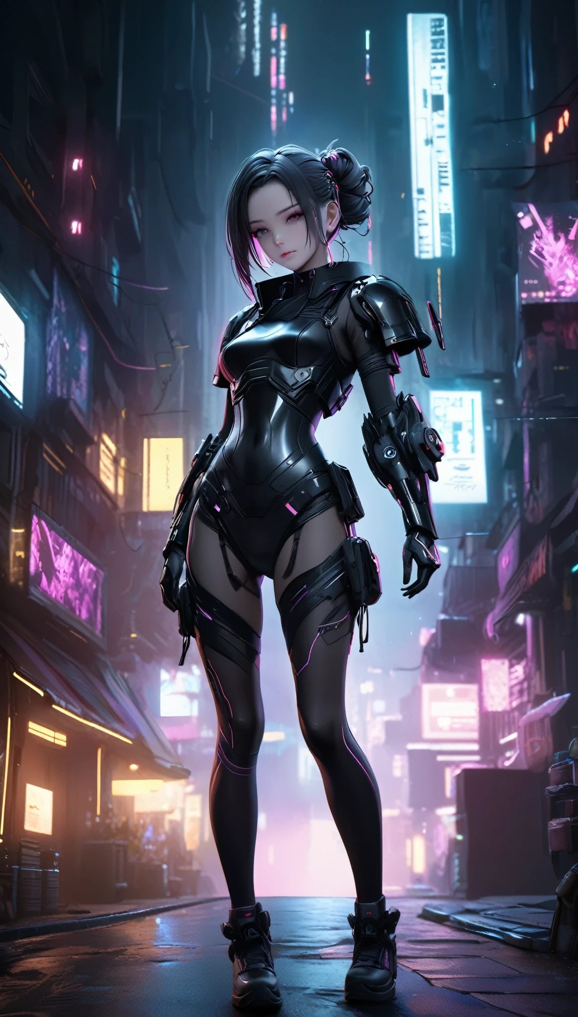 ((female Cyberpunk girl standing in street)), ((cowboy shot)), (NSFW), Best image quality, nighttime, (((beautiful Cyberpunk woman wearing black cyberpunk armor)), ((extremely beautiful detailed face)), ((sweet cute face)), ((shapeless hairstyle)), gothic fantasy, ((Award-winning Polaroid photography)), (Hyper-detailing), (Complicated details), (High resolution ultra realistic photograph 8k), cyberpunk style, depth of field, ((create depth with atmospheric lighting)), wide shot, ((use atmospheric and volumetric lighting, cinematic lighting)), Dark chiaroscuro background.
