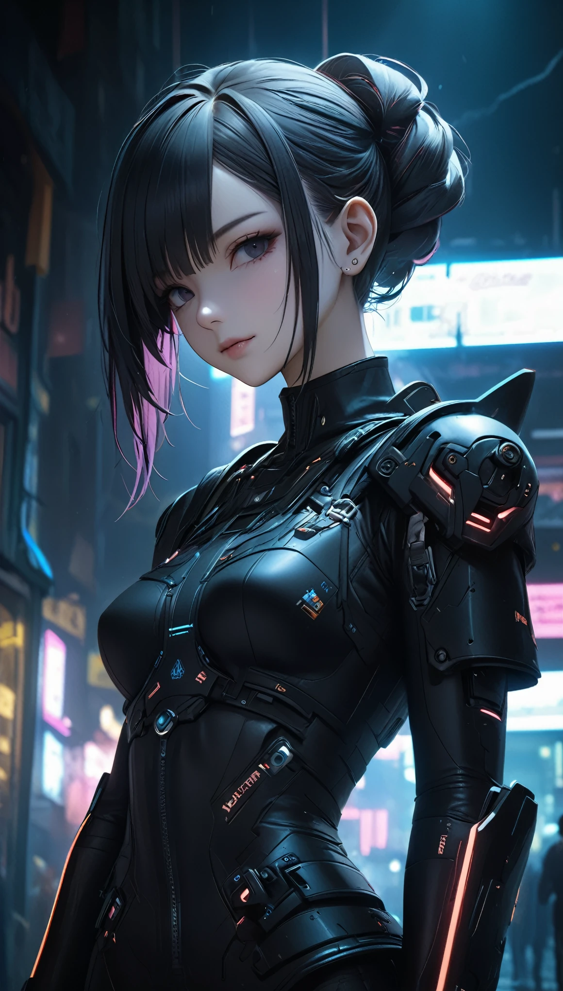 ((female Cyberpunk girl standing in street)), ((cowboy shot)), (NSFW), Best image quality, nighttime, (((beautiful Cyberpunk woman wearing black cyberpunk armor)), ((extremely beautiful detailed face)), ((sweet cute face)), ((shapeless hairstyle)), gothic fantasy, ((Award-winning Polaroid photography)), (Hyper-detailing), (Complicated details), (High resolution ultra realistic photograph 8k), cyberpunk style, depth of field, ((create depth with atmospheric lighting)), wide shot, ((use atmospheric and volumetric lighting, cinematic lighting)), Dark chiaroscuro background.