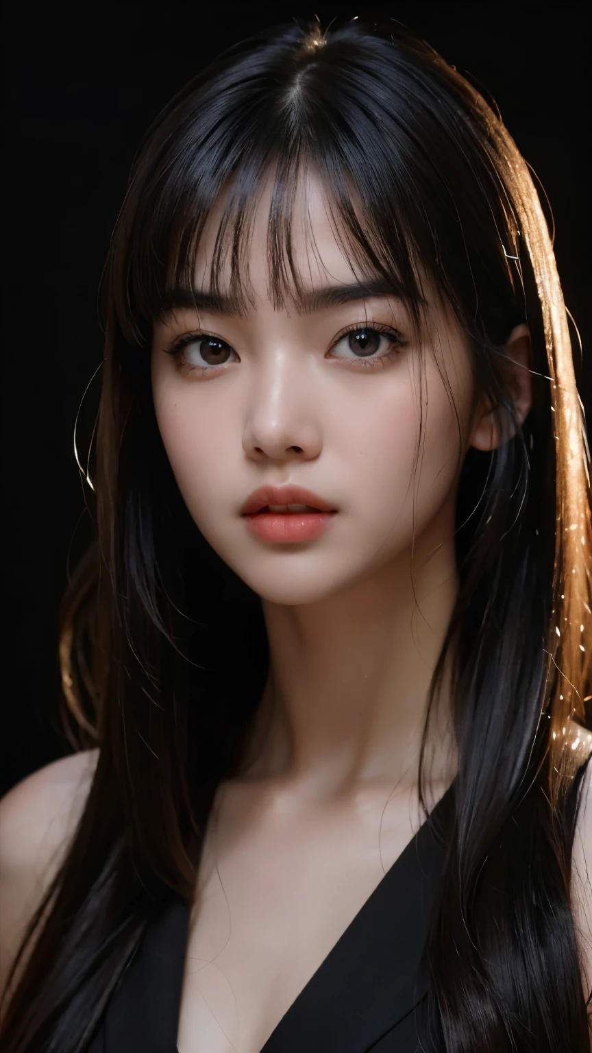 masterpiece, best qualitiy, RAW photos, realisticlying, A high resolution, hyper-detailing, Focus on the face, Detailed eyebrows, realistic beautiful eyes, realistic glossy skin, straight Bangs, realistic movie lighting, detail shaded, high contrast, Slender, Sexy face, Facial expressions when receiving pleasure, ((Dark background)),