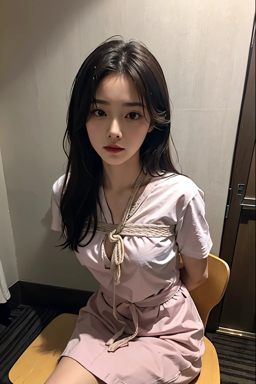 A beautiful woman who has been and tied up、Cute face、Make your eyes even、My hands are tied with ropes、Bright room in the hotel、Short sleeve shirt、it on a chair、20talent、Medium build、Like real life、highest quality、