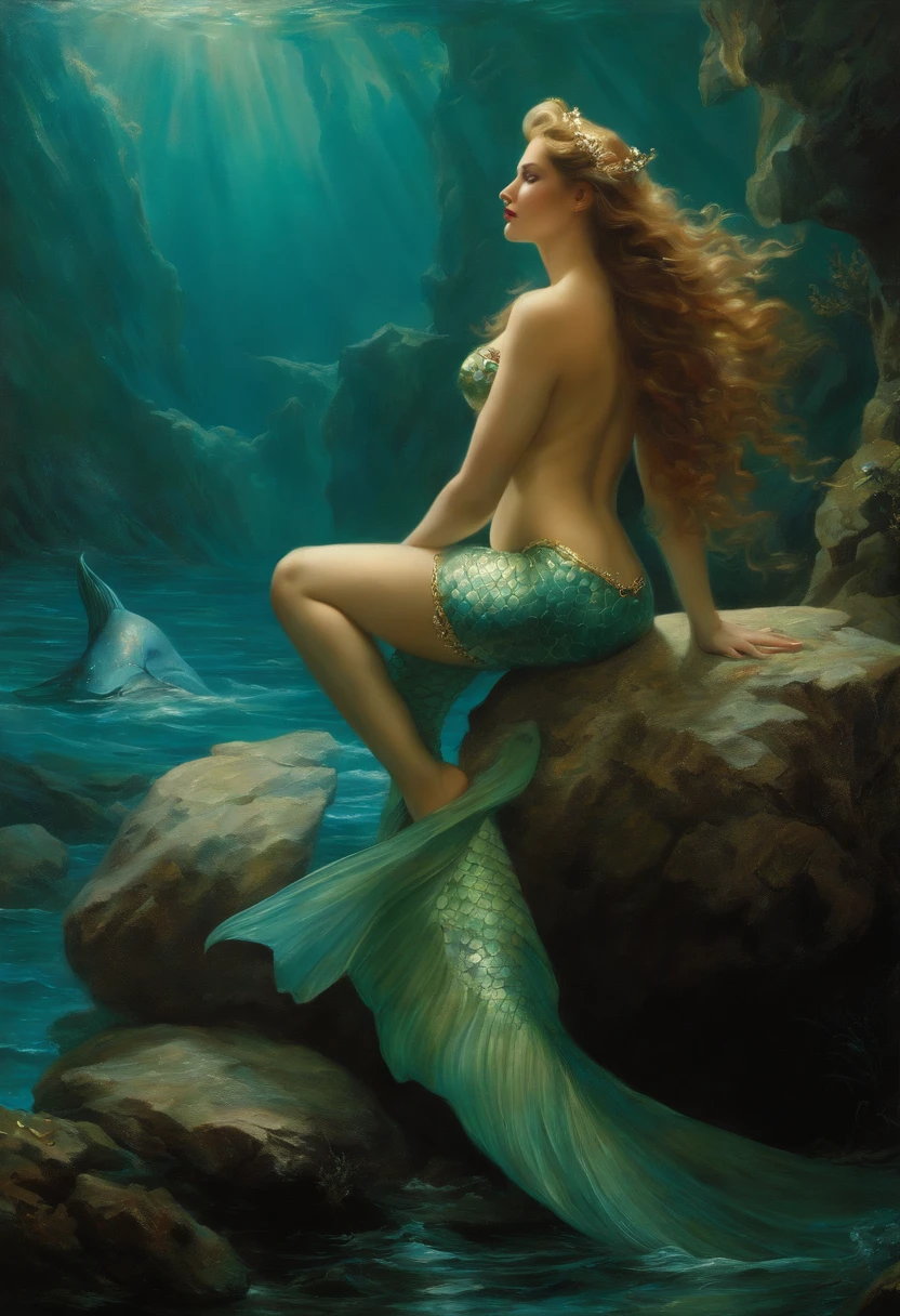 ((baroque painting A beautiful mermaid sitting on a rock at the bottom of the sea)), ((mermaid tail)), sexy and sensual, Seductive love goddess, Lúthien, goddess art, Goddess of Greek mythology, Moon Goddess, Goddess of love and peace, beautiful goddess, Goddess of the waters, An impressive portrait of a Goddess of the sea, in the background sea vegetation, Frank Kelly Freas, Karol Bak Style, ((a beautiful baroque painting, beautiful)), Ultra definition, best quality, 32k ultra, Ultra HD