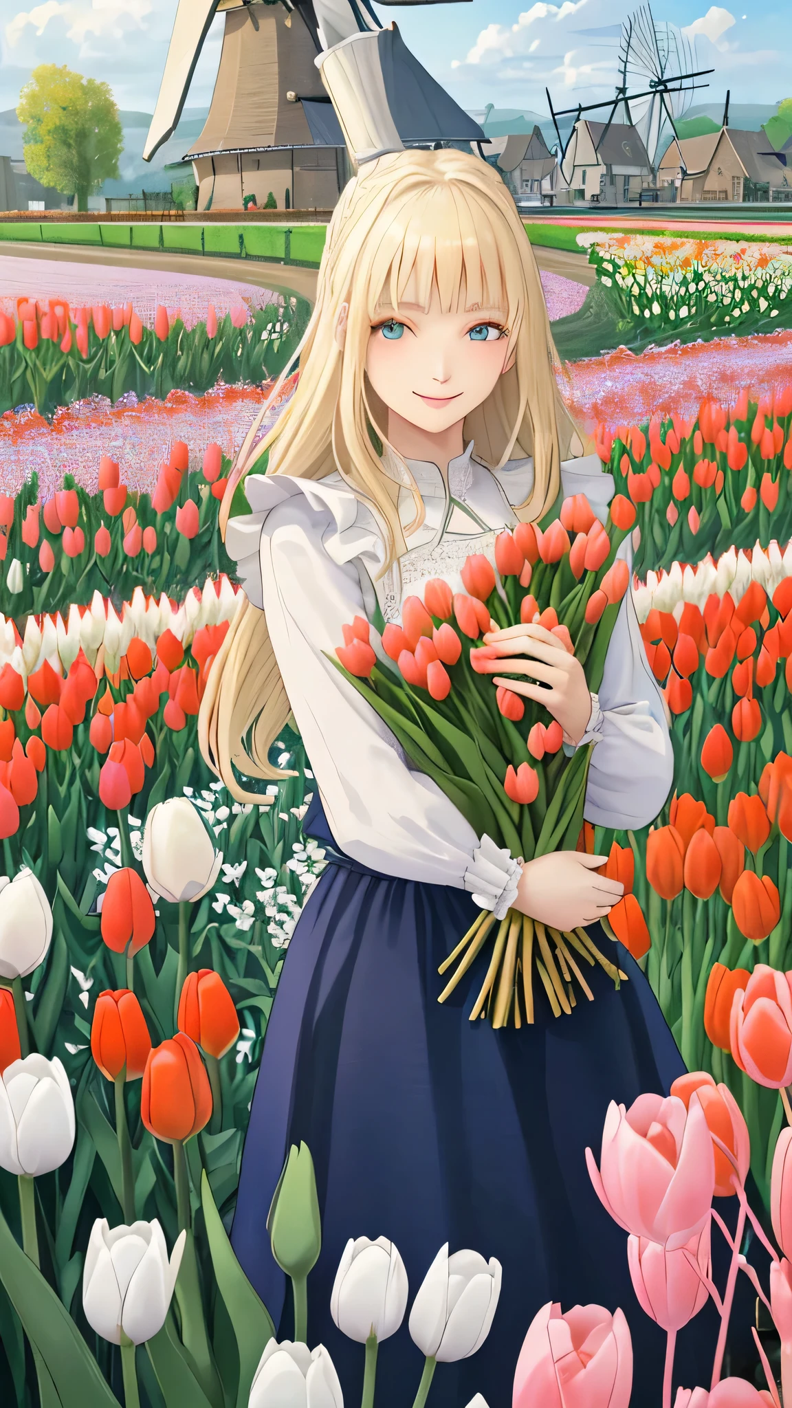 highest quality、National costume of the Netherlands、White woman、Blonde Hair、Holding tulips in both hands、smile、Happy expression、Daytime、Landscape with tulip fields and windmills、Netherlands、