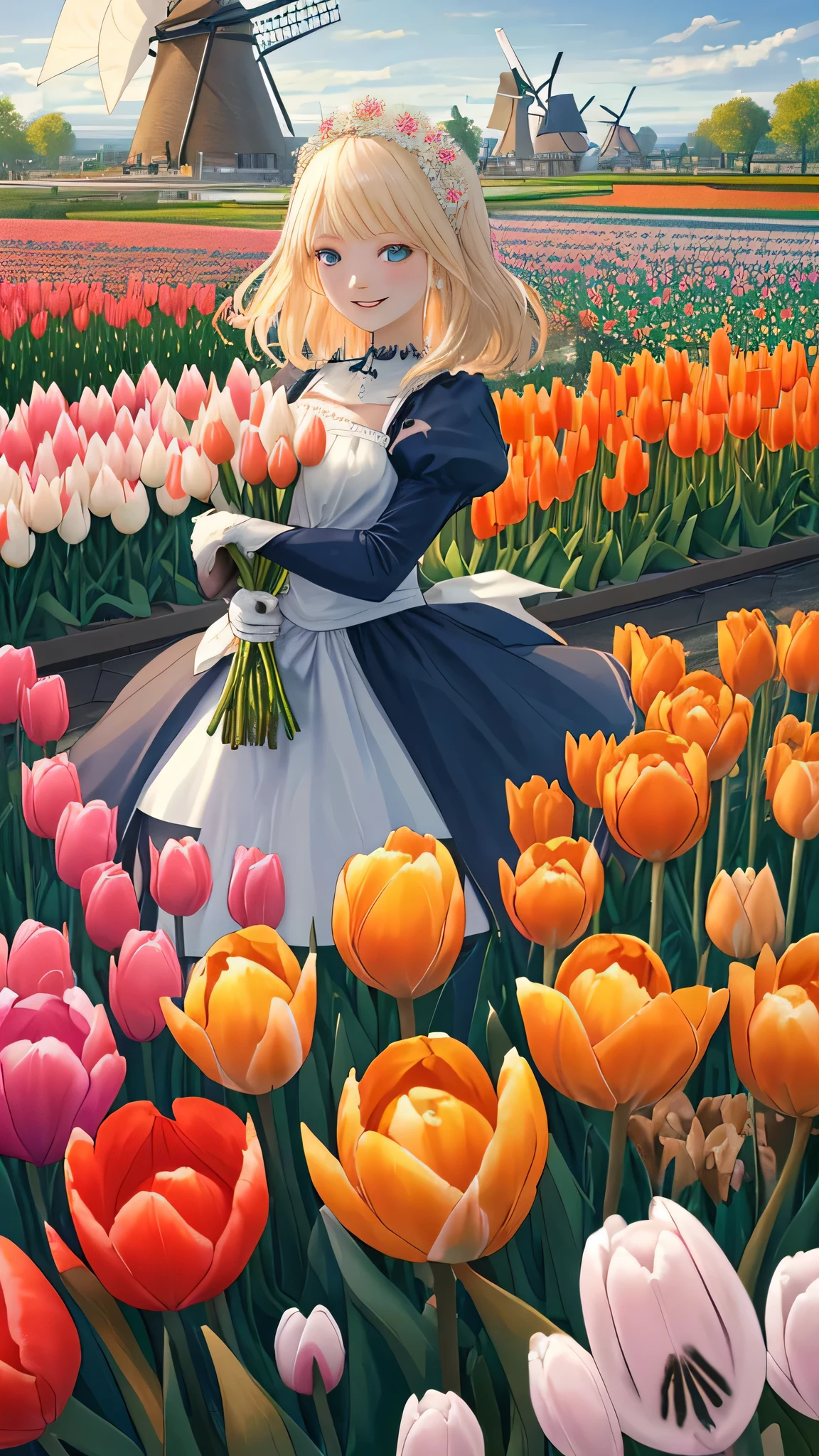 highest quality、National costume of the Netherlands、White woman、Blonde Hair、Holding tulips in both hands、smile、Happy expression、Daytime、Landscape with tulip fields and windmills、Netherlands、