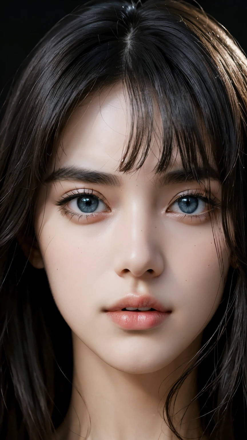 masterpiece, best qualitiy, RAW photos, realisticlying, A high resolution, hyper-detailing, Focus on the face, Detailed eyebrows, realistic beautiful eyes, realistic glossy skin, straight Bangs, realistic movie lighting, detail shaded, high contrast, Slender, Sexy face, Facial expressions when receiving pleasure, ((Dark background)),