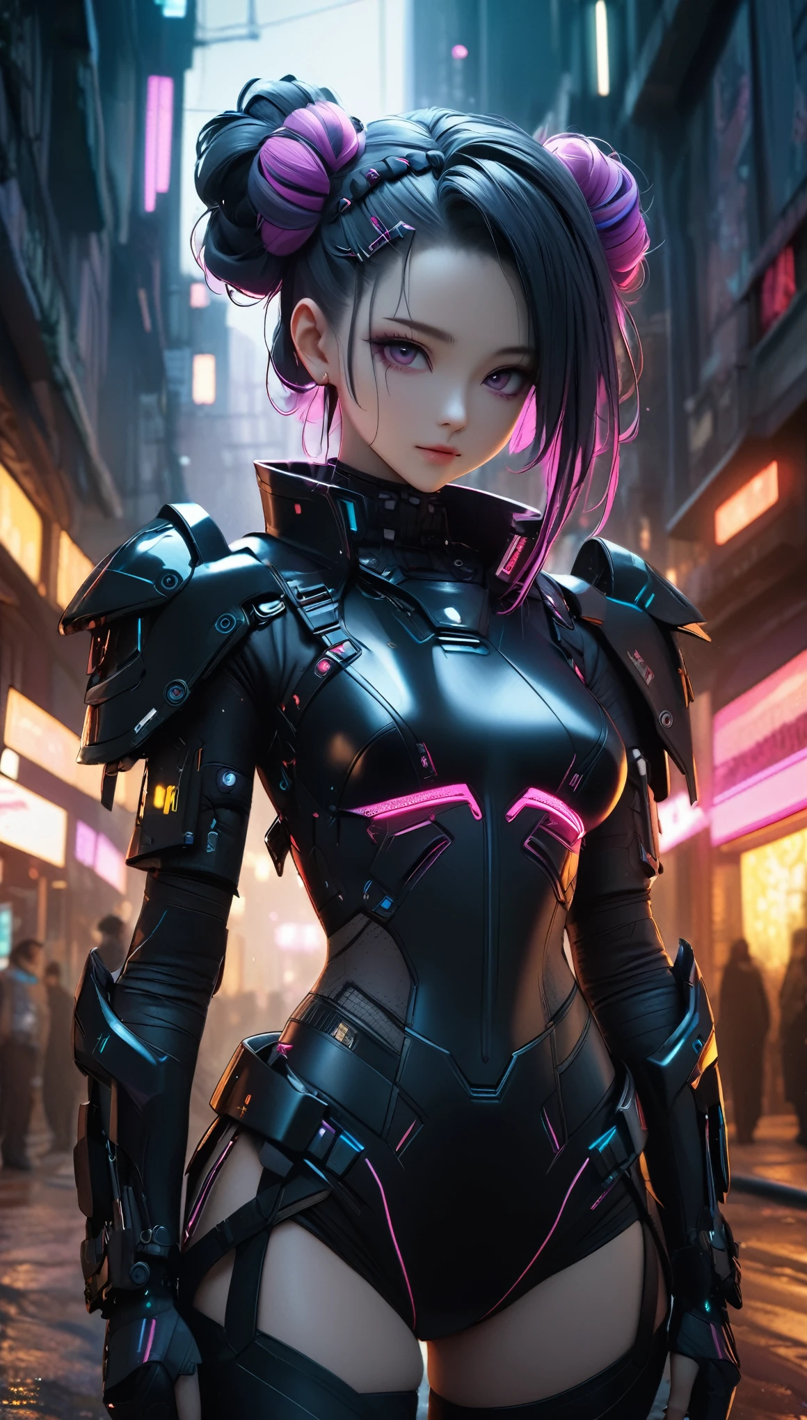 ((female Cyberpunk girl standing in street)), ((cowboy shot)), (NSFW), Best image quality, nighttime, (((beautiful Cyberpunk woman wearing black cyberpunk armor)), ((extremely beautiful detailed face)), ((sweet cute face)), ((shapeless colorful hairstyle)), gothic fantasy, ((Award-winning Polaroid photography)), (Hyper-detailing), (Complicated details), (High resolution ultra realistic photograph 8k), cyberpunk style, depth of field, ((create depth with atmospheric lighting)), wide shot, ((use atmospheric and volumetric lighting, cinematic lighting)), Dark chiaroscuro background.
