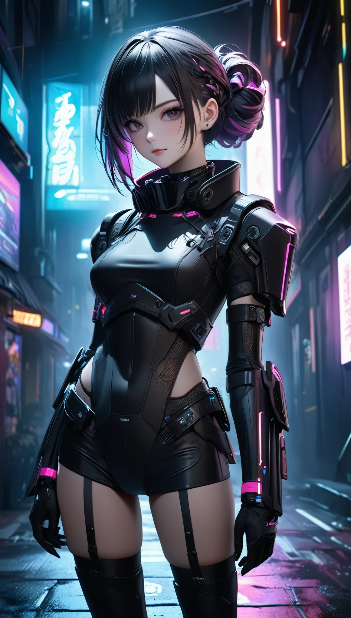 ((female Cyberpunk girl standing in street)), ((cowboy shot)), (NSFW), Best image quality, nighttime, (((beautiful Cyberpunk woman wearing black cyberpunk armor)), ((extremely beautiful detailed face)), ((sweet cute face)), ((shapeless colorful hairstyle)), gothic fantasy, ((Award-winning Polaroid photography)), (Hyper-detailing), (Complicated details), (High resolution ultra realistic photograph 8k), cyberpunk style, depth of field, ((create depth with atmospheric lighting)), wide shot, ((use atmospheric and volumetric lighting, cinematic lighting)), Dark chiaroscuro background.