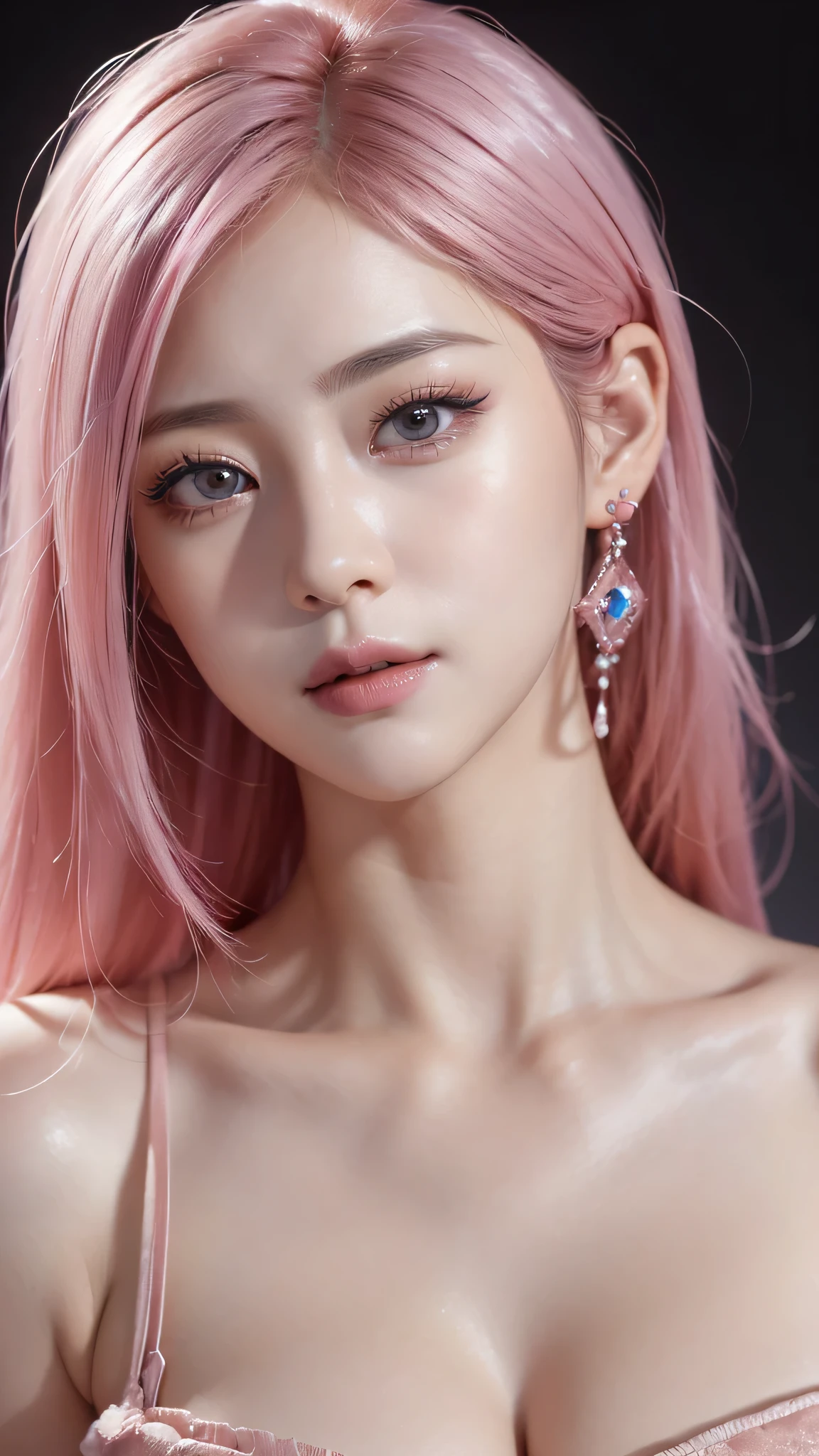 RAW Photos, 最high quality), (Realistic, photo-Realistic:1.3), 最high quality ,masterpiece, Pitch black is the background、(((face to camera、Facing the front of the chest))、Portrait style、(Symmetrical body),Cleavage、 ((Big Ass, Big Breasts)), (beautiful girl), Vivid pink lipstick, Colorful Makeup, Long eyelashes, Earrings, Applying eyeliner, Fair skin, Pink Hair、(cute), (Detailed face), Big Eyes、 Detailed Iris, 8K Ultra HD, Digital SLR, Soft lighting, high quality, Beautifully detailed nose,, Realistic face, Pink Cat, A light smile, (Very detailed face: 1.5), 最high quality, Super detailed, masterpiece, In detail, 8k wallpaper, Pixie Cut、(sfw:1.8),Real、8K、(masterpiece), (Very complicated:1.3), (Realistic), 1 female、Women's photos、23 years old、round face、Blue Eyes、Close-up of face、Big Eyes、Drooping eyes、 short hair、The most beautiful in the world,, White skin、delicate、 Upper Body, night、 Strong lighting, Detailed professional photos of beautiful women, Sharp focus, Cinema Lighting, rendering , ( Blurred Background, Depth of written boundary),((Realistic)), ((Sharp focus)), (Highest Resolution), ((masterpiece)), Professional Cinema Lighting、 (Perfect hands), (Perfect Fingers)