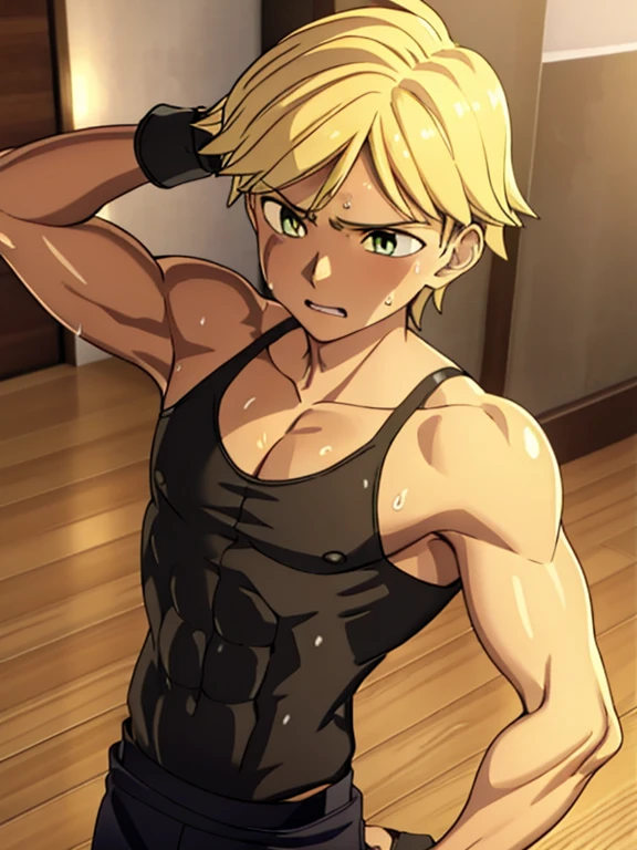 Highres, Masterpiece, Best quality at best, Best Quality, high quality, high detailed, boy, 1boy, cat noir, blonde, chiseled abs, chiseled pecs, sweating, wet, glistening skin, shiny skin, oiled up, black tank top, (masterpiece, 3D anime style, more detail, ultra detail), adult boy, tank top, upper body, working out, chiseled abs, chiseled pecs, indoors, exhausted,