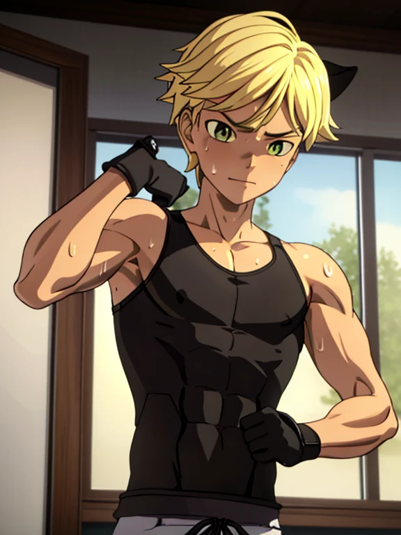 Highres, Masterpiece, Best quality at best, Best Quality, high quality, high detailed, boy, 1boy, cat noir, blonde, chiseled abs, chiseled pecs, sweating, wet, glistening skin, shiny skin, oiled up, black tank top, (masterpiece, 3D anime style, more detail, ultra detail), adult boy, tank top, upper body, working out, chiseled abs, chiseled pecs, indoors, exhausted, 