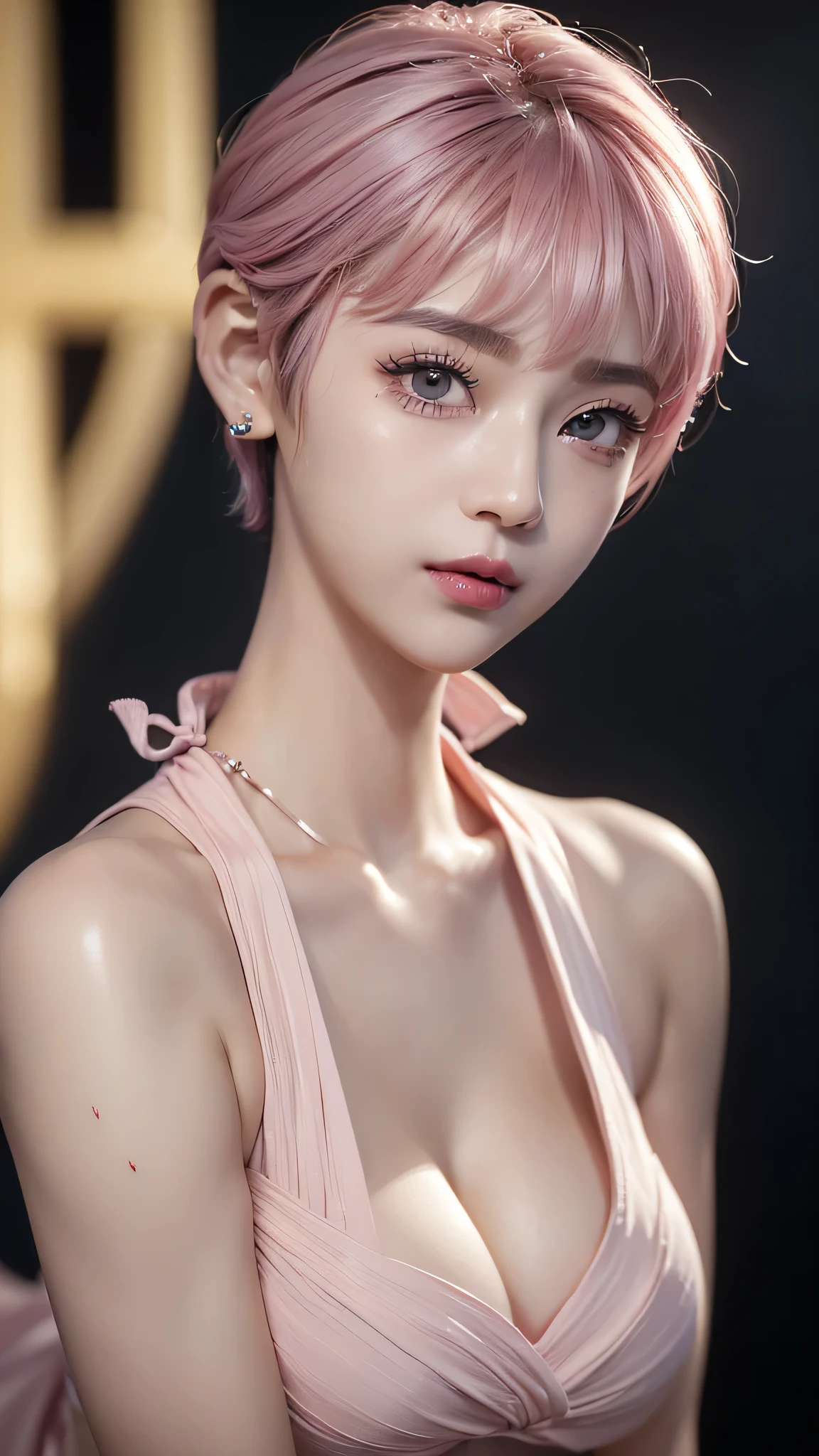 1 girl, (1 female:1.6)、((Small and flat chest:1.7))、(Naked Girls:1.7), ((No underwear:1.7))、((Pink dyed short hair:1.7))、((Apply pink makeup:1.4))、(pov shot:1.8)、((from the front:1.3)),((Your face is in the center of the frame:1.7))、((Pink Eyeshadow:1.2))、Very beautiful Japanese idol portraits, (RAW Photos, Highest quality), (Realistic, Realistic:1.4), (masterpiece), Very delicate and beautiful, Very detailed, 2k wallpaper, wonderful, finely, Very detailed CG Unity 8k 壁紙, Very detailed, High resolution, Soft Light, Beautiful detailed, Very detailed目と顔, Beautiful and sophisticated nose, Big beautiful eyes, Cinema Lighting, (Simple light color background:1.3), (short hair), (Parted bangs), Light Gray Background、 Complete Anatomy, Slender body,Very small breasts, Sensual look