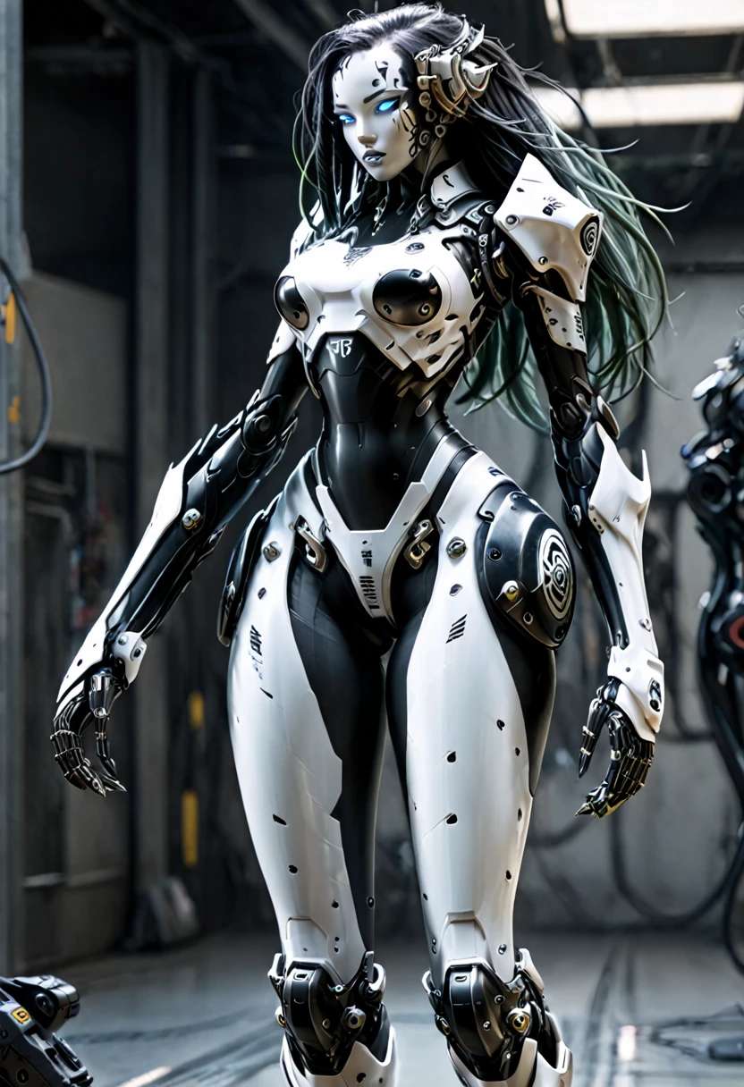 1 , complete body,ultrarealistic skin, short, black bio mechanical torso, black bio cybernetics arms, curved lips, long hair, back bio cybernetics legs, Realistic warhammer 40k background, natural light,