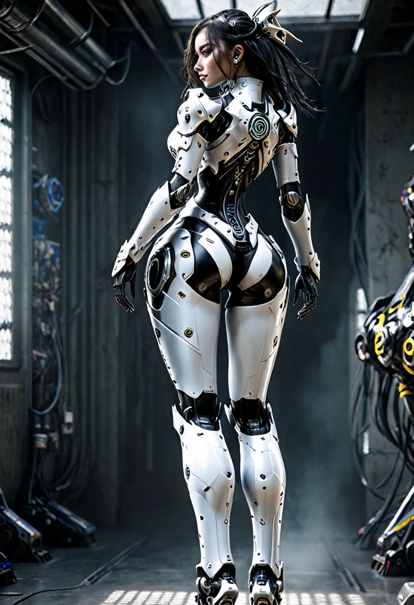 1 , complete body,ultrarealistic skin, short, black bio mechanical torso, black bio cybernetics arms, curved lips, long hair, back bio cybernetics legs, Realistic warhammer 40k background, natural light,