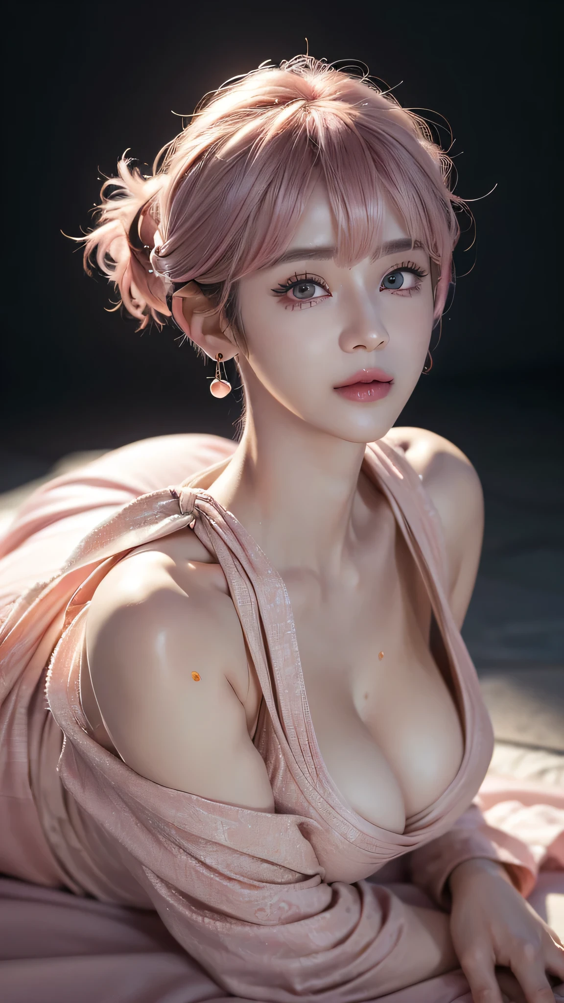 RAW Photos, 最high quality), (Realistic, photo-Realistic:1.3), 最high quality ,masterpiece, Pitch black is the background、(((face to camera、Facing the front of the chest))、Portrait style、Close-up of face、(Symmetrical body),Big cleavage、 ((Big Ass, Big Breasts)), (beautiful girl), Vivid pink lipstick, Colorful Makeup, Long eyelashes, Earrings, Applying eyeliner, Fair skin, Pink Hair、(cute), (Detailed face), Big Eyes、 Detailed Iris, 8K Ultra HD, Digital SLR, Soft lighting, high quality, Beautifully detailed nose,, Realistic face, Pink Cat, A light smile, (Very detailed face: 1.5), 最high quality, Super detailed, masterpiece, In detail, 8k wallpaper, Pixie Cut、(sfw:1.8),Real、8K、(masterpiece), (Very complicated:1.3), (Realistic), 1 female、Women's photos、23 years old、round face、Blue Eyes、Close-up of face、Big Eyes、Drooping eyes、 short hair、The most beautiful in the world,, White skin、delicate、 Upper Body, night、 Strong lighting, Detailed professional photos of beautiful women, Sharp focus, Cinema Lighting, rendering , ( Blurred Background, Depth of written boundary),((Realistic)), ((Sharp focus)), (Highest Resolution), ((masterpiece)), Professional Cinema Lighting、 (Perfect hands), (Perfect Fingers)