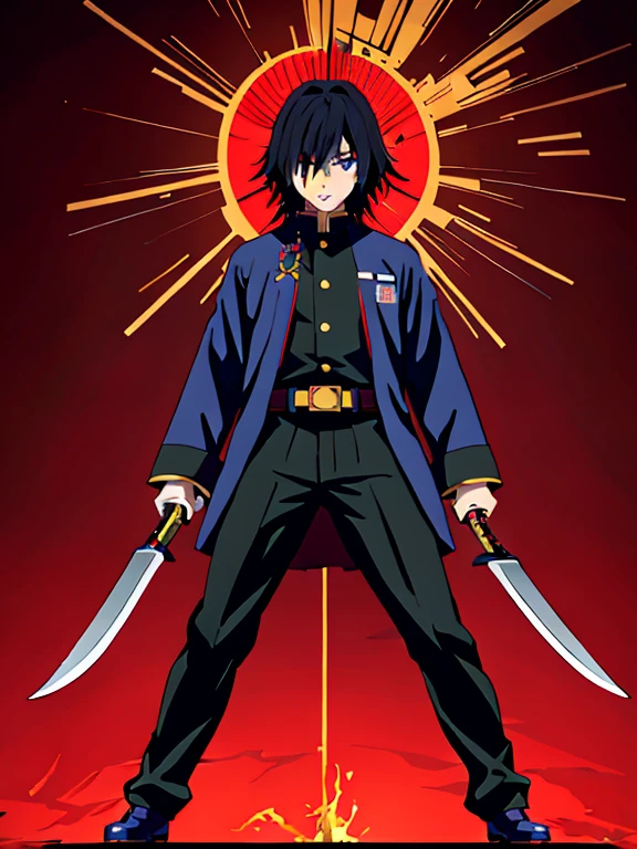 Yoshiyu Tomioka, asesino de demonios, 1 chico, alone, parte superior del cuerpo, agua, blue aura, flowing agua, sosteniendo el cuchillo, Combat readiness, Mirando al espectador, pelo largo, blue eyes, pelo negro, They are standing, chaqueta, enfoque masculino, kimono, black chaqueta, asesino de demonios uniform, Imagen 4K de alta calidad