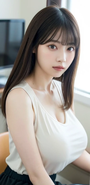 masterpiece, highest quality, 8k, 20th generation, Big Breasts, cute, alone, sad, cute, Girlish,cute 繊細な***, cute、Pure beauty,  RAW Photos, Professional photography, Portraiture, Soft Light, Professional Lighting, Backlight, Upper Body, avert your eyes, Sophisticated, Film Grain, (Eye and facial details:1.0), Floating Hair, beautiful, Flowing hair, Asymmetrical bangs、(Big Breasts:1.4)、Pastel colored loose sleeveless top、You can see a little bit of her chest.、dolly make、Heterochromia iridis、Office at night、In front of the computer、sitting in an office chair、