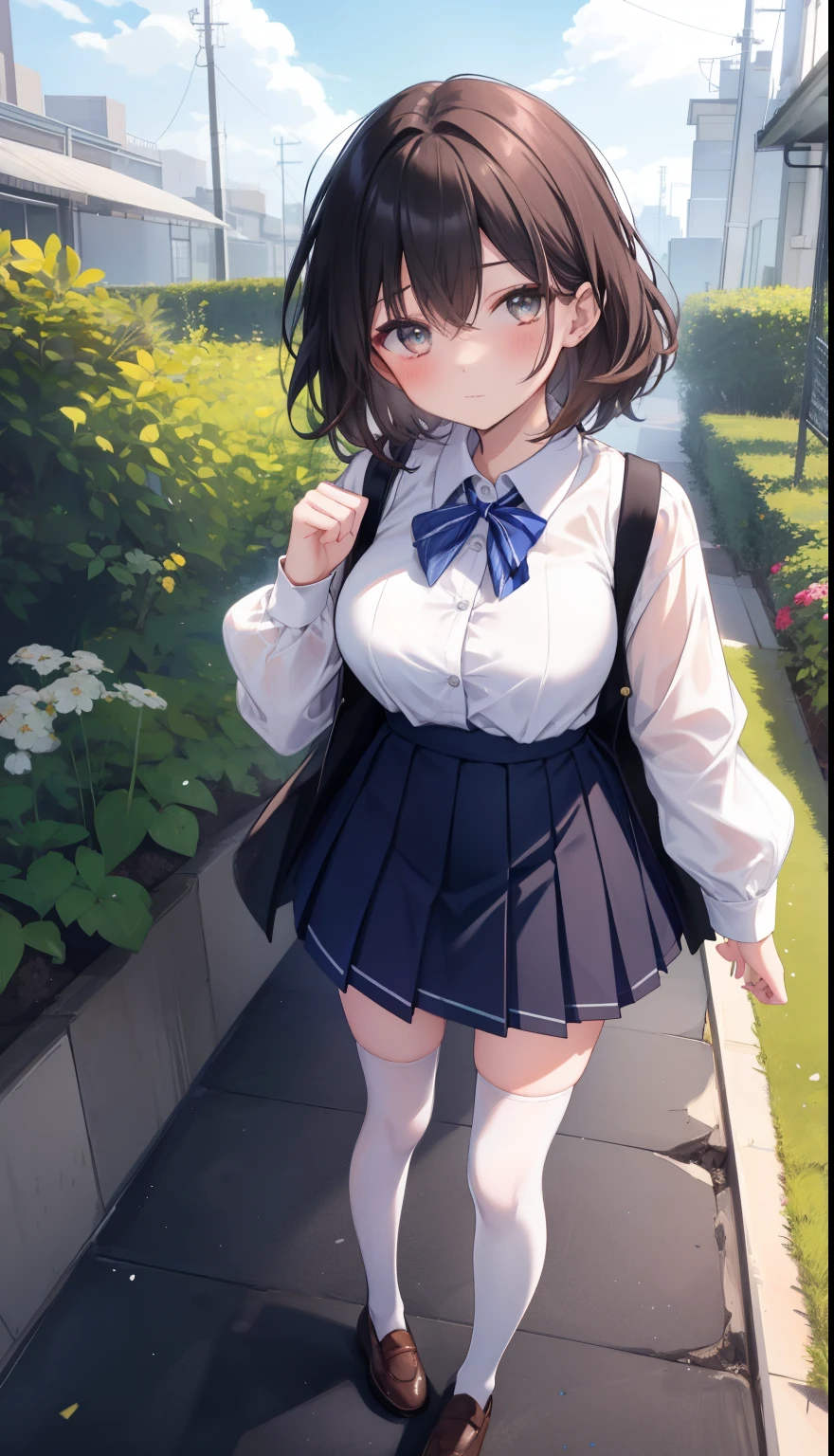One Girl、positive、From above、Full body portrait、Brown haired、Medium Haircut、blush、Absolute area、Knee socks、stockings、Black knee-high socks、White underwear、Cleavage、Light blue cut shirt、Unbutton your shirt、Shirt buttons fly off、Navy blue checkered pleated skirt、Very short skirt、garden、Daytime、（Very large breasts）、((Lesbians all over))、masterpiece、（highest quality)、Panties around the ankles、loafers、The wind blows up my skirt、Knee socksのバイブレーター