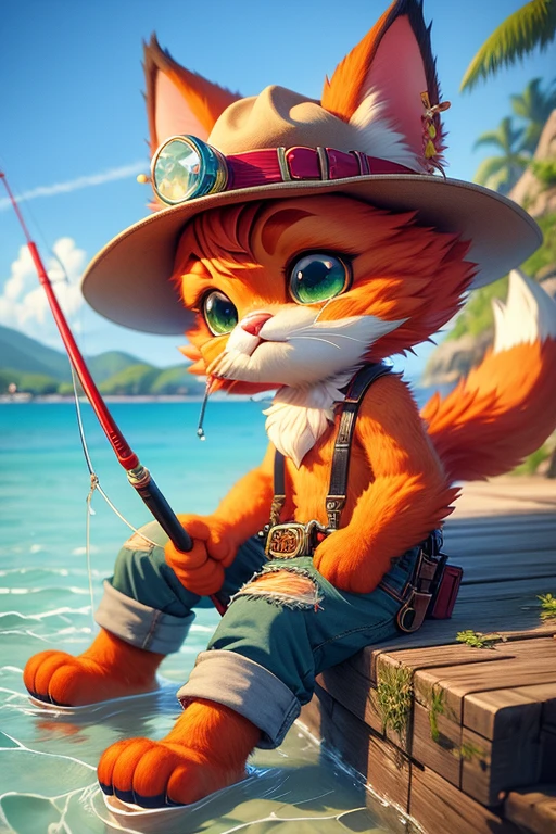 buddy style, cute fantasy monster, looks like a red cat, sad, in ripped jeans, wear a green Panama hat, holding a fishing rod, fish (fishing:1.3) sitting on the shore sadly looking at the water, , his ears and tail are large and exaggerated, his ears droop, his ears are bigger than his head