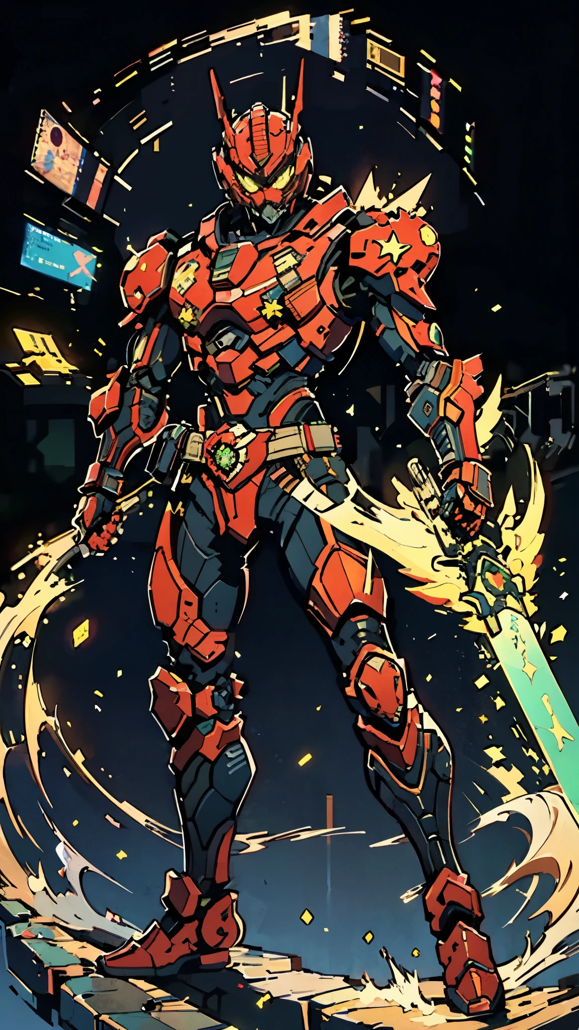 A man wearing a full-face helmet, a fantasy-style biotech armored combat suit, green eyes, (a composite layered chest armor), fully enclosed shoulder guards, matching arm and leg guards, the belt is adorned with exhaust pipes, (the color scheme is primarily black glow with green and red accents), the design balances heavy with agility, a high-tech bio-mecha armor, (Armor Concept Inspired by Cyberpunk motorcycle, stand on the top of a skyscraper in a futuristic sci-fi city), this character embodies a finely crafted fantasy-surreal style armored hero in anime style, exquisite and mature manga art style, (battle damage, element, plasma, energy, the armor glows), ((male:1.5)), metallic, real texture material, dramatic, high definition, best quality, highres, ultra-detailed, ultra-fine painting, extremely delicate, professional, perfect body proportions, golden ratio, anatomically correct, symmetrical face, extremely detailed eyes and face, high quality eyes, creativity, RAW photo, UHD, 32k, Natural light, cinematic lighting, masterpiece-anatomy-perfect, masterpiece:1.5