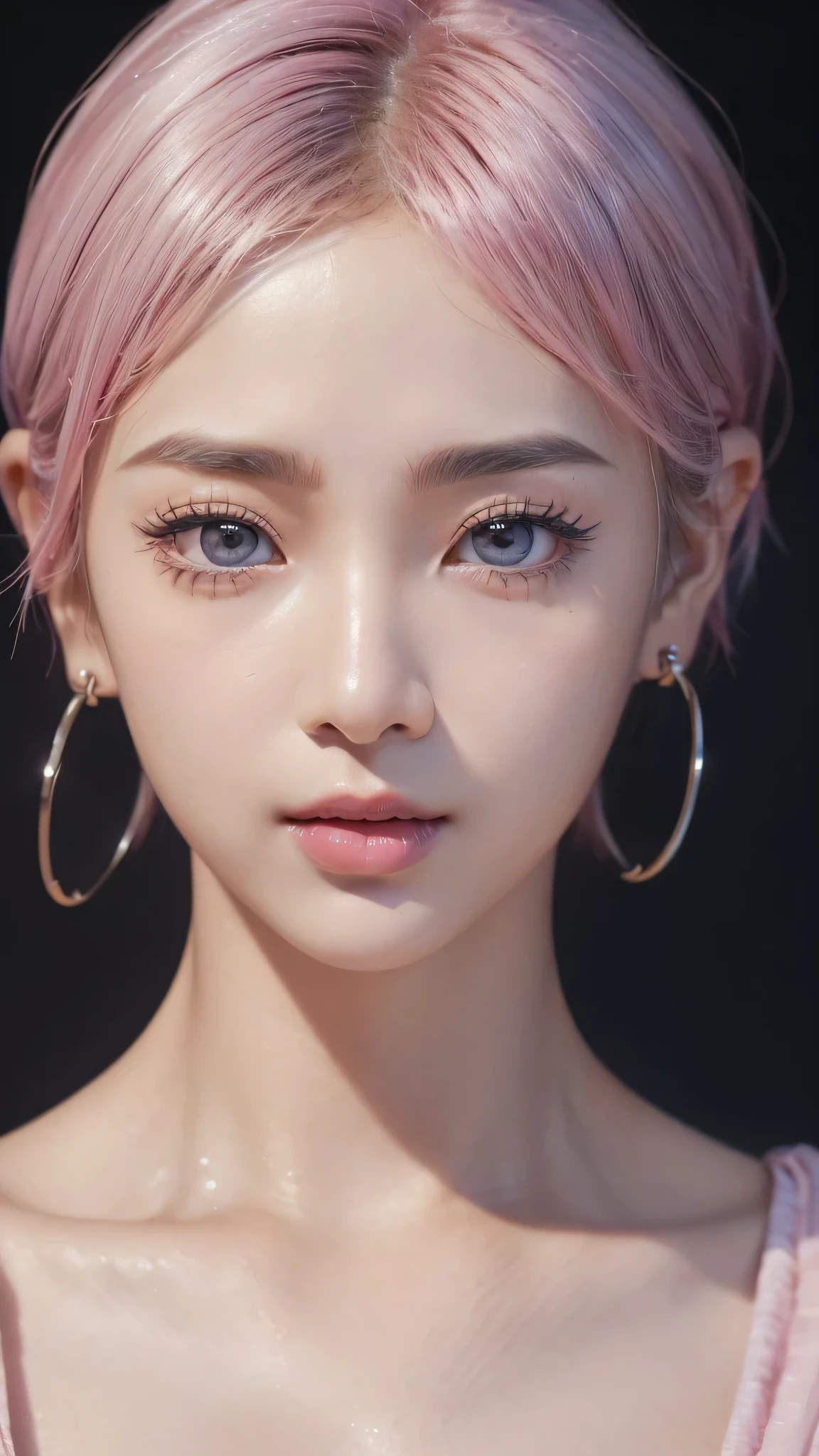 (RAW Photos, 最high quality), (Realistic, photo-Realistic:1.3), 最high quality ,masterpiece, Pitch black is the background、(((face to camera、Facing the front of the chest))、Portrait style、(Close-up of face:1.8)、(Symmetrical body),Big cleavage、 ((Big Ass, Big Breasts、superscript)), (beautiful girl), Vivid pink lipstick, Colorful Makeup, Long eyelashes, Earrings, Applying eyeliner, Fair skin, Pink Hair、(cute), (Detailed face), Big Eyes、 Detailed Iris, 8K Ultra HD, Digital SLR, Soft lighting, high quality, Beautifully detailed nose,, Realistic face, Pink Cat, A light smile, (Very detailed face: 1.5), 最high quality, Super detailed, masterpiece, In detail, 8k wallpaper, Pixie Cut、(sfw:1.8),Real、8K、(masterpiece), (Very complicated:1.3), (Realistic), 1 female、Women's photos、23 years old、round face、Blue Eyes、Close-up of face、Big Eyes、Drooping eyes、 Ponytail Hair、The most beautiful in the world, White skin、delicate、 Upper Body, night、 Strong lighting, Detailed professional photos of beautiful women, Sharp focus, Cinema Lighting, rendering , ( Blurred Background, Depth of written boundary),((Realistic)), ((Sharp focus)), (Highest Resolution), ((masterpiece)), Professional Cinema Lighting、 (Perfect hands), (Perfect Fingers)