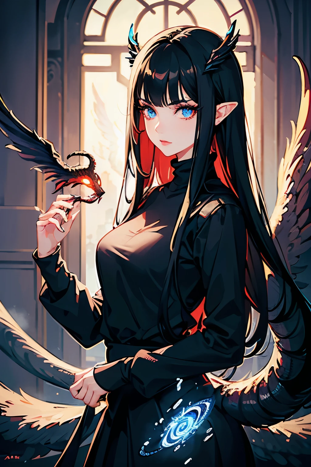 a girl with beautiful detailed eyes, beautiful detailed lips, extremely detailed eyes and face, long eyelashes, black hair, black sweater, black skirt, with red details, glowing blue eyes, magestic phoenix wing, tentacle-like tail, cinematic lighting, dramatic colors, fantasy, magic powers, hospital ruins