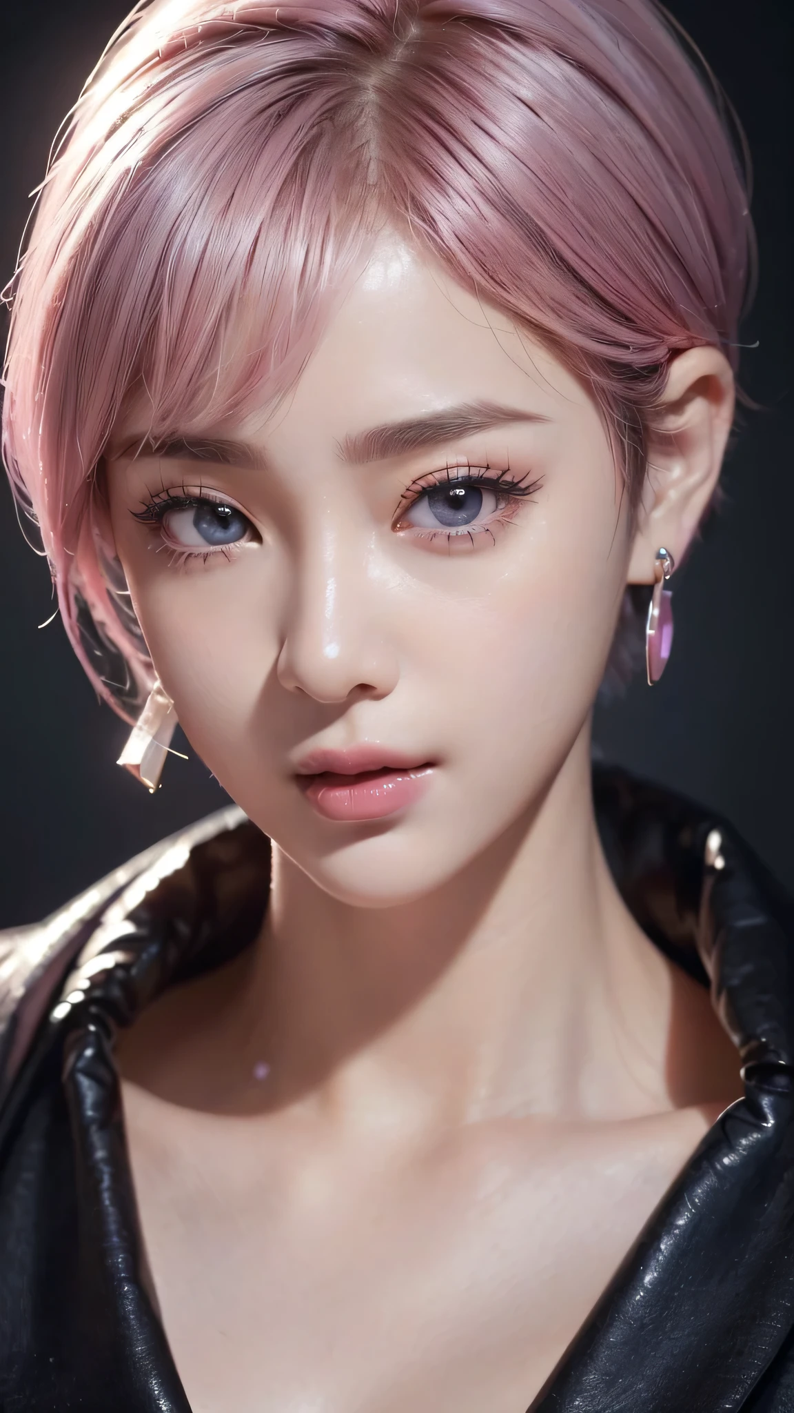(RAW Photos, 最high quality), (Realistic, photo-Realistic:1.3), 最high quality ,masterpiece, Pitch black is the background、(((face to camera、Facing the front of the chest))、Portrait style、(Close-up of face:1.8)、(Symmetrical body),Big cleavage、 ((Big Ass, Big Breasts、superscript)), (beautiful girl), Vivid pink lipstick, Colorful Makeup, Long eyelashes, Earrings, Applying eyeliner, Fair skin, Pink Hair、(cute), (Detailed face), Big Eyes、 Detailed Iris, 8K Ultra HD, Digital SLR, Soft lighting, high quality, Beautifully detailed nose,, Realistic face, Pink Cat, A light smile, (Very detailed face: 1.5), 最high quality, Super detailed, masterpiece, In detail, 8k wallpaper, Pixie Cut、(sfw:1.8),Real、8K、(masterpiece), (Very complicated:1.3), (Realistic), 1 female、Women's photos、23 years old、round face、Blue Eyes、Close-up of face、Big Eyes、Drooping eyes、 Ponytail Hair、The most beautiful in the world, White skin、delicate、 Upper Body, night、 Strong lighting, Detailed professional photos of beautiful women, Sharp focus, Cinema Lighting, rendering , ( Blurred Background, Depth of written boundary),((Realistic)), ((Sharp focus)), (Highest Resolution), ((masterpiece)), Professional Cinema Lighting、 (Perfect hands), (Perfect Fingers)
