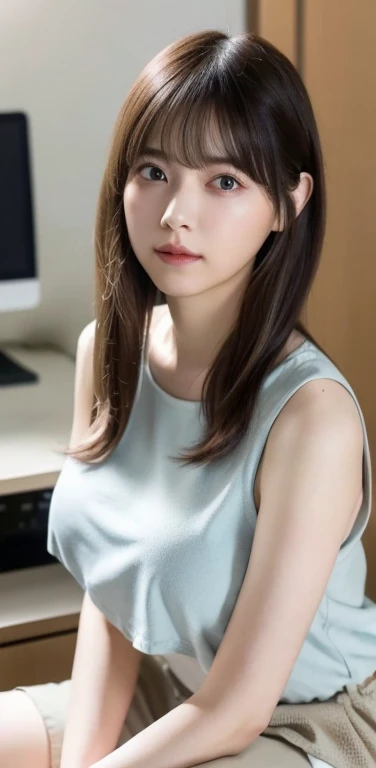 masterpiece, highest quality, 8k, 20th generation, Big Breasts, cute, alone, sad, cute, Girlish,cute 繊細な女の子, cute、Pure beauty, RAW Photos, Professional photography, Portraiture, Soft Light, Professional Lighting, Backlight, Upper Body, avert your eyes, Sophisticated, Film Grain, (Eye and facial details:1.0), Floating Hair, beautiful, Flowing hair, Asymmetrical bangs、(Big Breasts:1.4)、Pastel colored loose sleeveless top、You can see a little bit of her chest.、dolly make、Heterochromia iridis、Office at night、In front of the computer、sitting in an office chair、