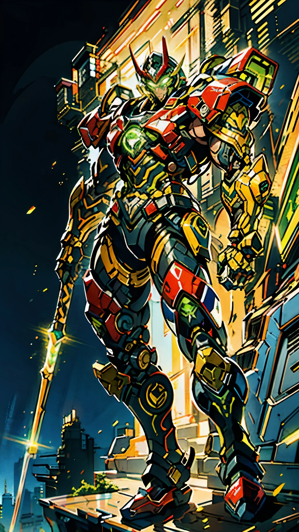 A man wearing a full-face helmet, a fantasy-style biotech armored combat suit, green eyes, (a composite layered chest armor), fully enclosed shoulder guards, matching arm and leg guards, the belt is adorned with exhaust pipes, (the color scheme is primarily black glow with green and red accents), the design balances heavy with agility, a high-tech bio-mecha armor, (Armor Concept Inspired by Cyberpunk motorcycle, stand on the top of a skyscraper in a futuristic sci-fi city), this character embodies a finely crafted fantasy-surreal style armored hero in anime style, exquisite and mature manga art style, (battle damage, element, plasma, energy, the armor glows), ((male:1.5)), metallic, real texture material, dramatic, high definition, best quality, highres, ultra-detailed, ultra-fine painting, extremely delicate, professional, perfect body proportions, golden ratio, anatomically correct, symmetrical face, extremely detailed eyes and face, high quality eyes, creativity, RAW photo, UHD, 32k, Natural light, cinematic lighting, masterpiece-anatomy-perfect, masterpiece:1.5