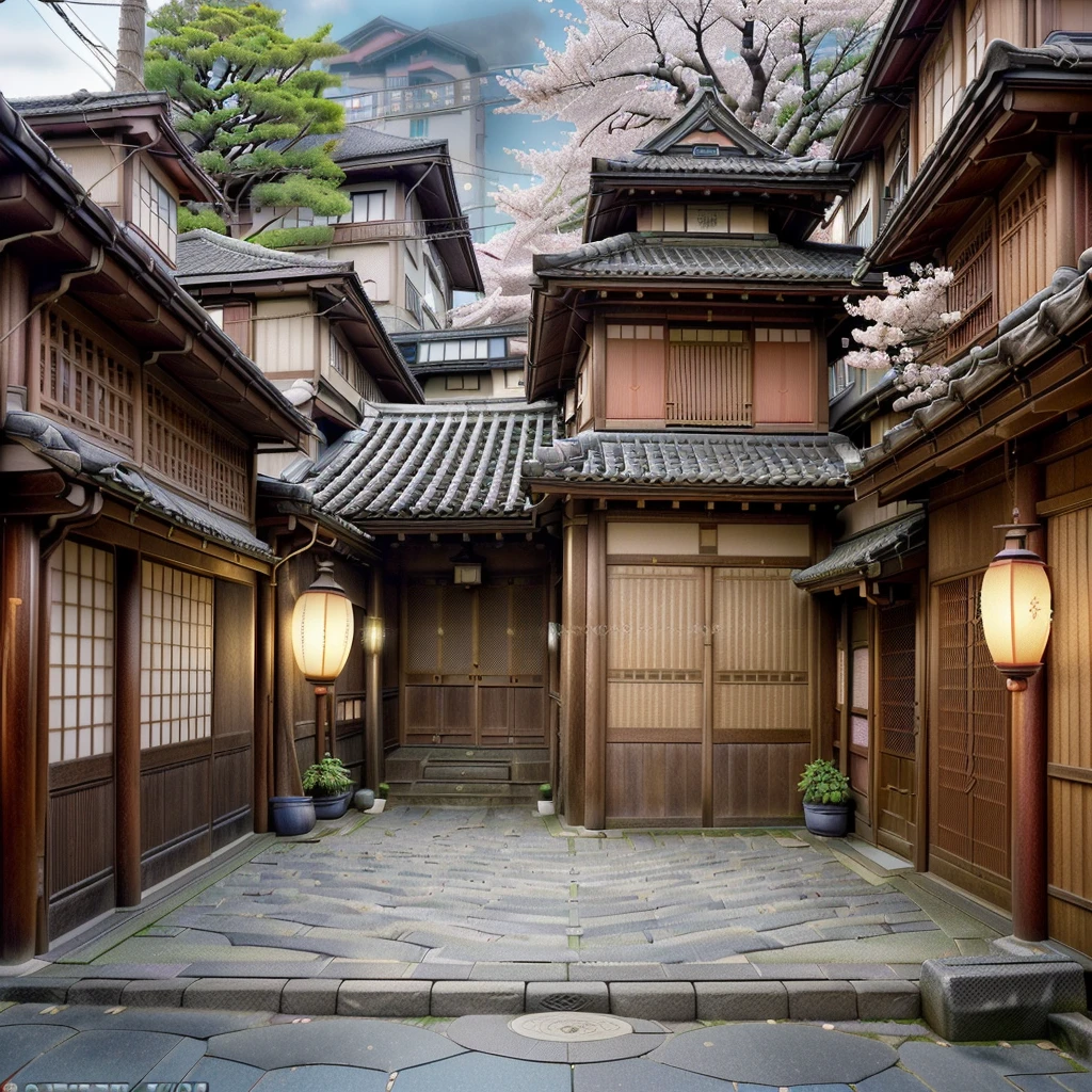 a quaint and aged district in Tokyo, street with traditional Japanese architecture, detailed buildings, cobblestone road, cherry blossoms, people in traditional Japanese clothing, lanterns, tea house, historical significance, (best quality,4k,8k,highres,masterpiece:1.2),ultra-detailed,(realistic,photorealistic,photo-realistic:1.37),vibrant colors,atmospheric lighting,cinematic composition