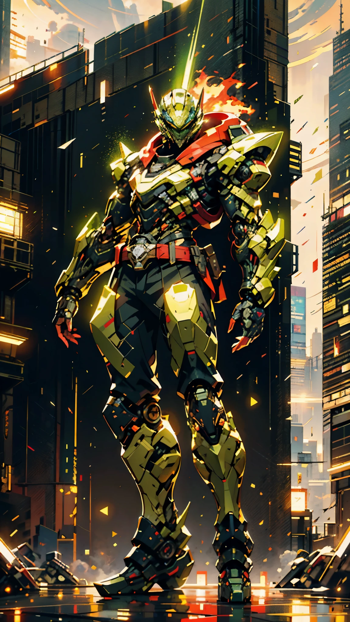 A man wearing a full-face helmet, a fantasy-style biotech armored combat suit, green eyes, (a composite layered chest armor), fully enclosed shoulder guards, matching arm and leg guards, the belt is adorned with exhaust pipes, (the color scheme is primarily black glow with green and red accents), the design balances heavy with agility, a high-tech bio-mecha armor, (Armor Concept Inspired by Cyberpunk motorcycle, stand on the top of a skyscraper in a futuristic sci-fi city), this character embodies a finely crafted fantasy-surreal style armored hero in anime style, exquisite and mature manga art style, (battle damage, element, plasma, energy, the armor glows), ((male:1.5)), metallic, real texture material, dramatic, high definition, best quality, highres, ultra-detailed, ultra-fine painting, extremely delicate, professional, perfect body proportions, golden ratio, anatomically correct, symmetrical face, extremely detailed eyes and face, high quality eyes, creativity, RAW photo, UHD, 32k, Natural light, cinematic lighting, masterpiece-anatomy-perfect, masterpiece:1.5