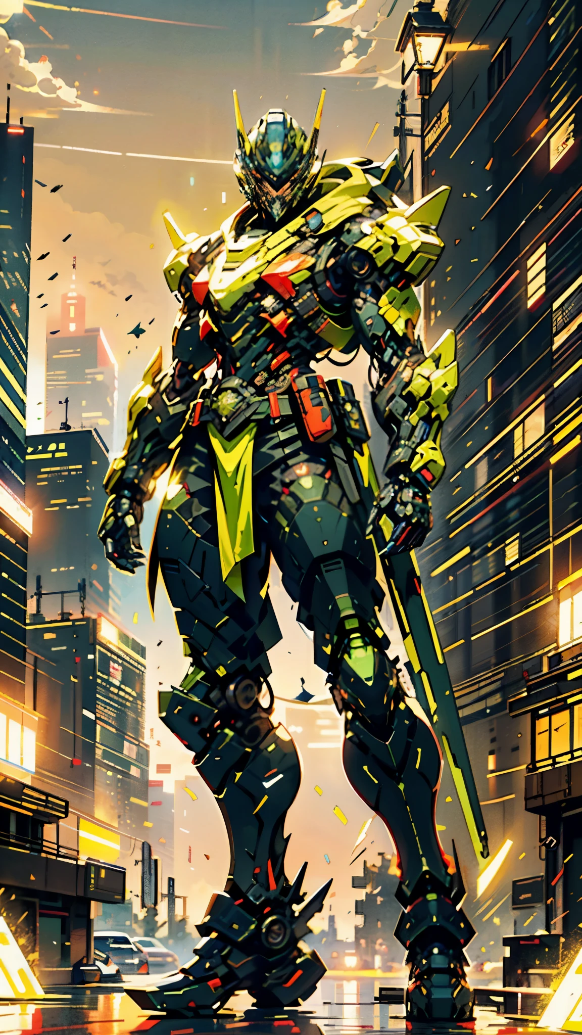 A man wearing a full-face helmet, a fantasy-style biotech armored combat suit, green eyes, (a composite layered chest armor), fully enclosed shoulder guards, matching arm and leg guards, the belt is adorned with exhaust pipes, (the color scheme is primarily black glow with green and red accents), the design balances heavy with agility, a high-tech bio-mecha armor, (Armor Concept Inspired by Cyberpunk motorcycle, stand on the top of a skyscraper in a futuristic sci-fi city), this character embodies a finely crafted fantasy-surreal style armored hero in anime style, exquisite and mature manga art style, (battle damage, element, plasma, energy, the armor glows), ((male:1.5)), metallic, real texture material, dramatic, high definition, best quality, highres, ultra-detailed, ultra-fine painting, extremely delicate, professional, perfect body proportions, golden ratio, anatomically correct, symmetrical face, extremely detailed eyes and face, high quality eyes, creativity, RAW photo, UHD, 32k, Natural light, cinematic lighting, masterpiece-anatomy-perfect, masterpiece:1.5