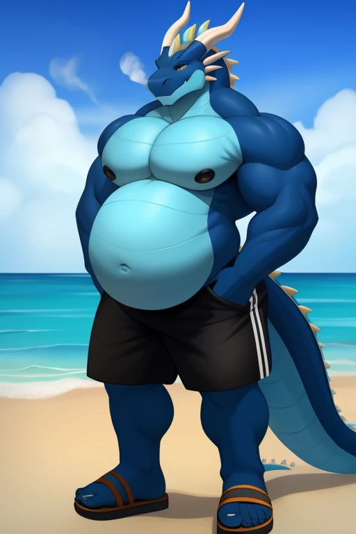  Obese, body is buried due to fat, mountain of fat, Pokemon Feraligatr, on the beach, vore, squirming belly, bulging belly, swim trunks , on his back, view from side