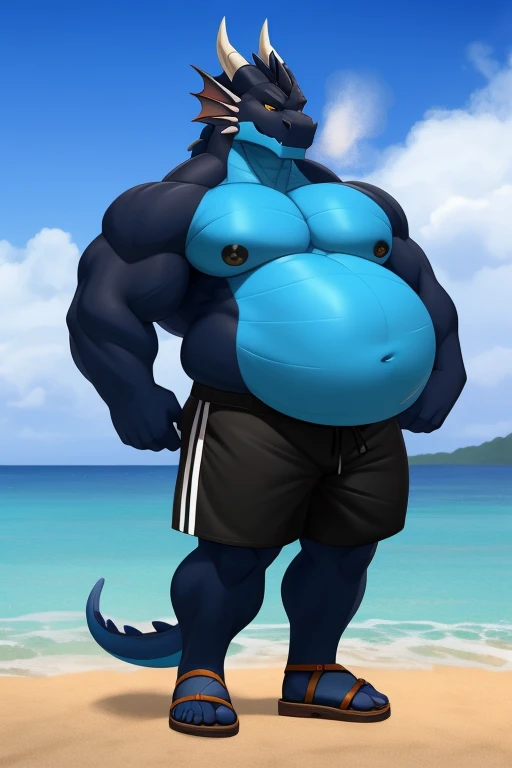 Buff dragon with oversized inflated blue stomach ，deep blacks, big bellybutton，Blue back, Black  shorts，sandals，Standing on the beach and farting out a huge gas cloud。