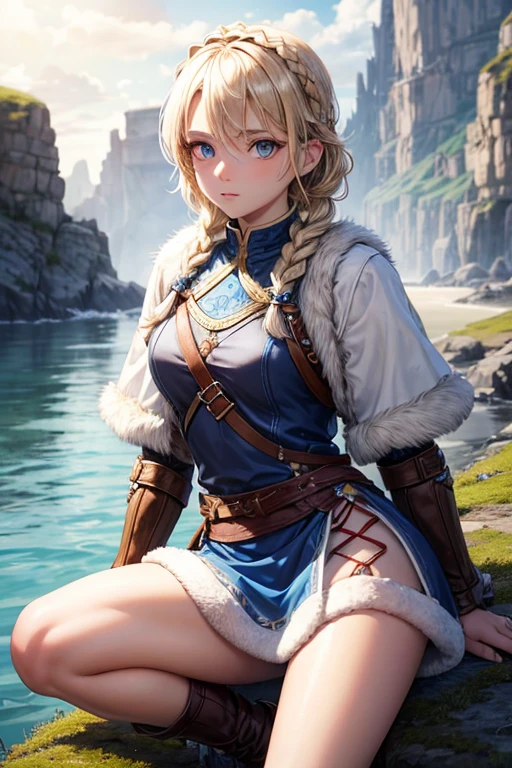 astrib 18 year old girl blonde hair braid hairstyle viking clothing skin protector short bearskin skirt fur boots blue eyes island background slim build