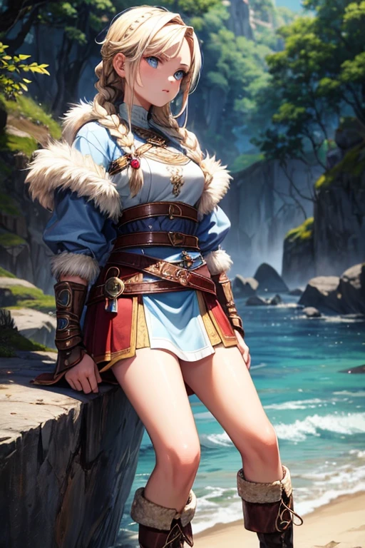 astrib 18 year old girl blonde hair braid hairstyle viking clothing skin protector short bearskin skirt fur boots blue eyes island background slim build