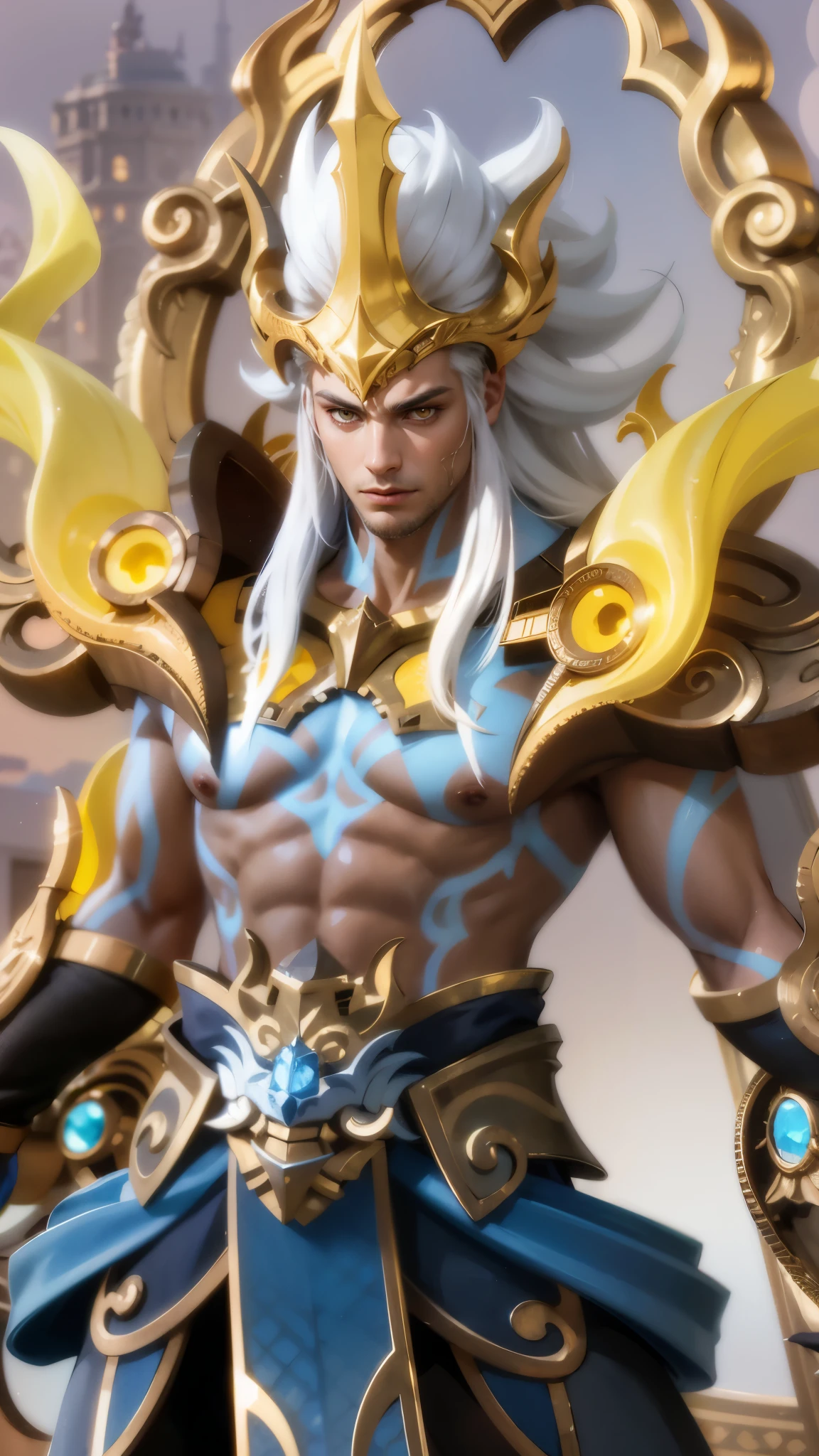 a guy with white hair and a sword in her hands, Best quality, masterpiece, detailed skin texture, detailed clothes texture, detailed face, super detail, 8k, intricate detail, 1 boy, The color doesn't change, Muscle guy, 1 guy, yellow eyes.