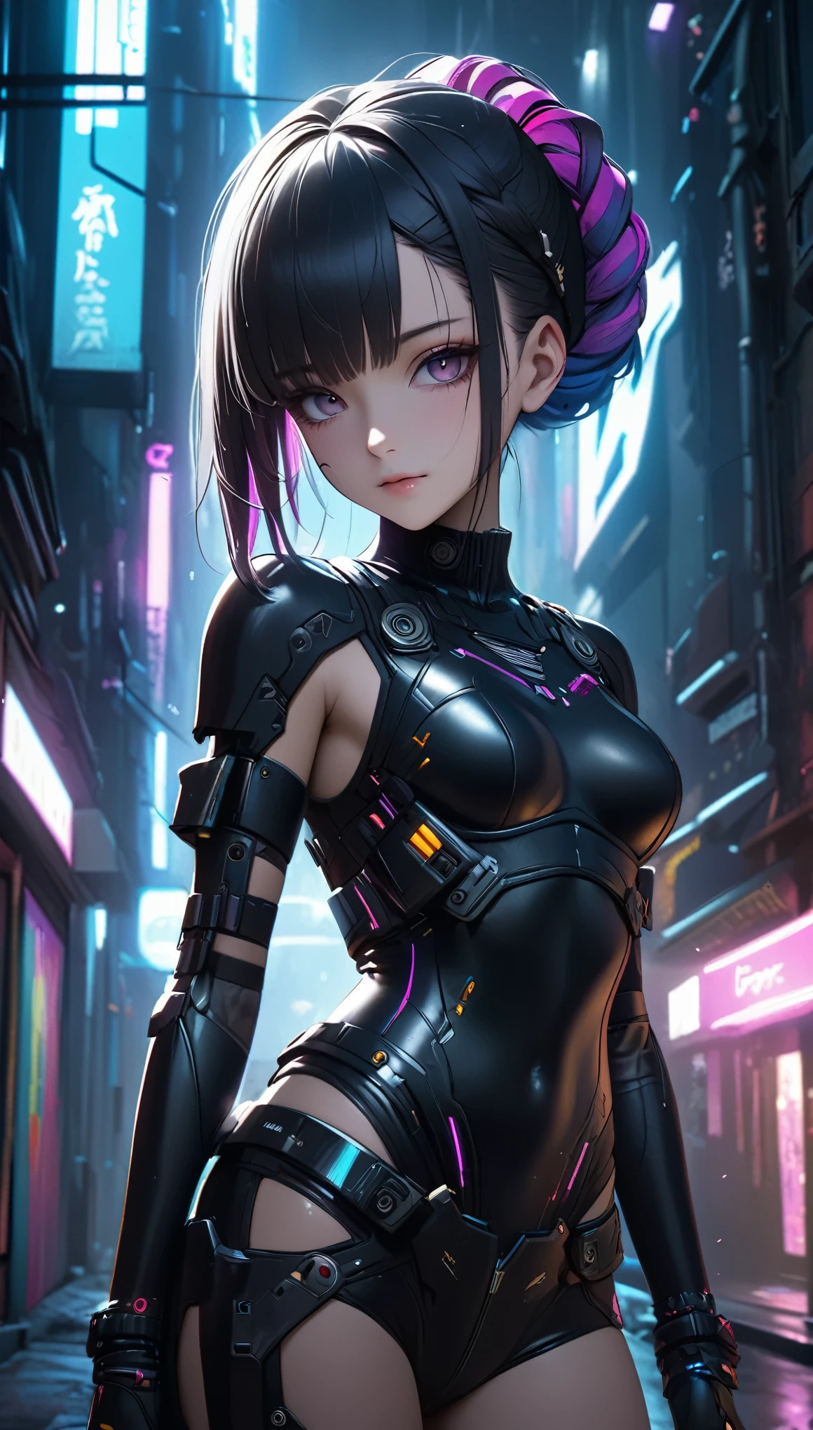 ((female Cyberpunk girl standing in street)), ((cowboy shot)), ((NSFW)), Best image quality, nighttime, (((beautiful Cyberpunk woman wearing black cyberpunk armor)), ((extremely beautiful detailed face)), ((sweet cute face)), ((shapeless colorful hairstyle)), gothic punk fantasy, ((Award-winning photography)), (Hyper-detailing), (Complicated details), (High resolution ultra realistic photograph 8k), cyberpunk style, depth of field, ((create depth with atmospheric lighting)), wide shot, ((use atmospheric and volumetric lighting, cinematic lighting)), Dark chiaroscuro background.
