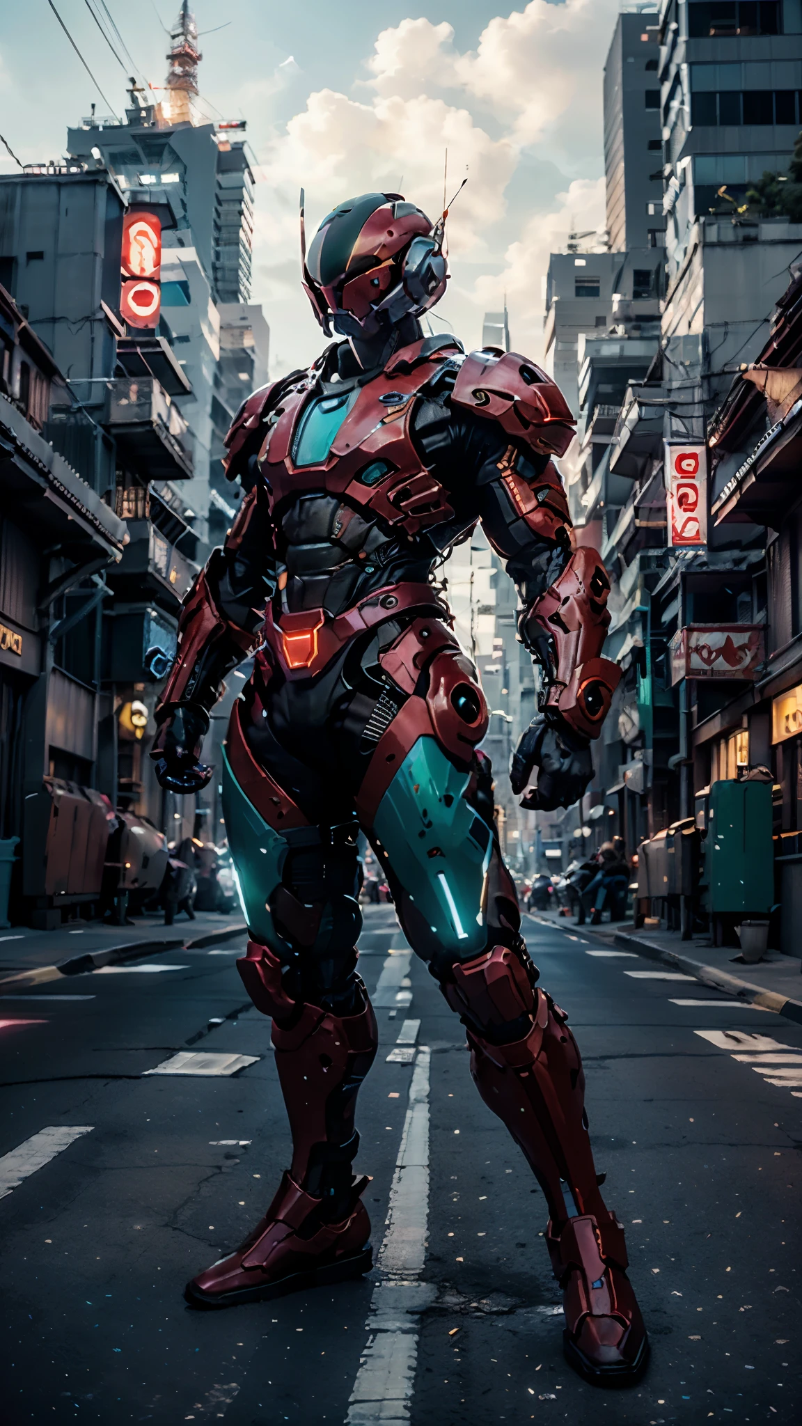 A man wearing a full-face helmet, a fantasy-style biotech armored combat suit, green eyes, (a composite layered chest armor), fully enclosed shoulder guards, matching arm and leg guards, the belt is adorned with exhaust pipes, (the color scheme is primarily black glow with green and red accents), the design balances heavy with agility, a high-tech bio-mecha armor, (Armor Concept Inspired by Cyberpunk motorcycle, stand on the top of a skyscraper in a futuristic sci-fi city), this character embodies a finely crafted fantasy-surreal style armored hero in anime style, exquisite and mature manga art style, (battle damage, element, plasma, energy, the armor glows), ((male:1.5)), metallic, real texture material, dramatic, high definition, best quality, highres, ultra-detailed, ultra-fine painting, extremely delicate, professional, perfect body proportions, golden ratio, anatomically correct, symmetrical face, extremely detailed eyes and face, high quality eyes, creativity, RAW photo, UHD, 32k, Natural light, cinematic lighting, masterpiece-anatomy-perfect, masterpiece:1.5